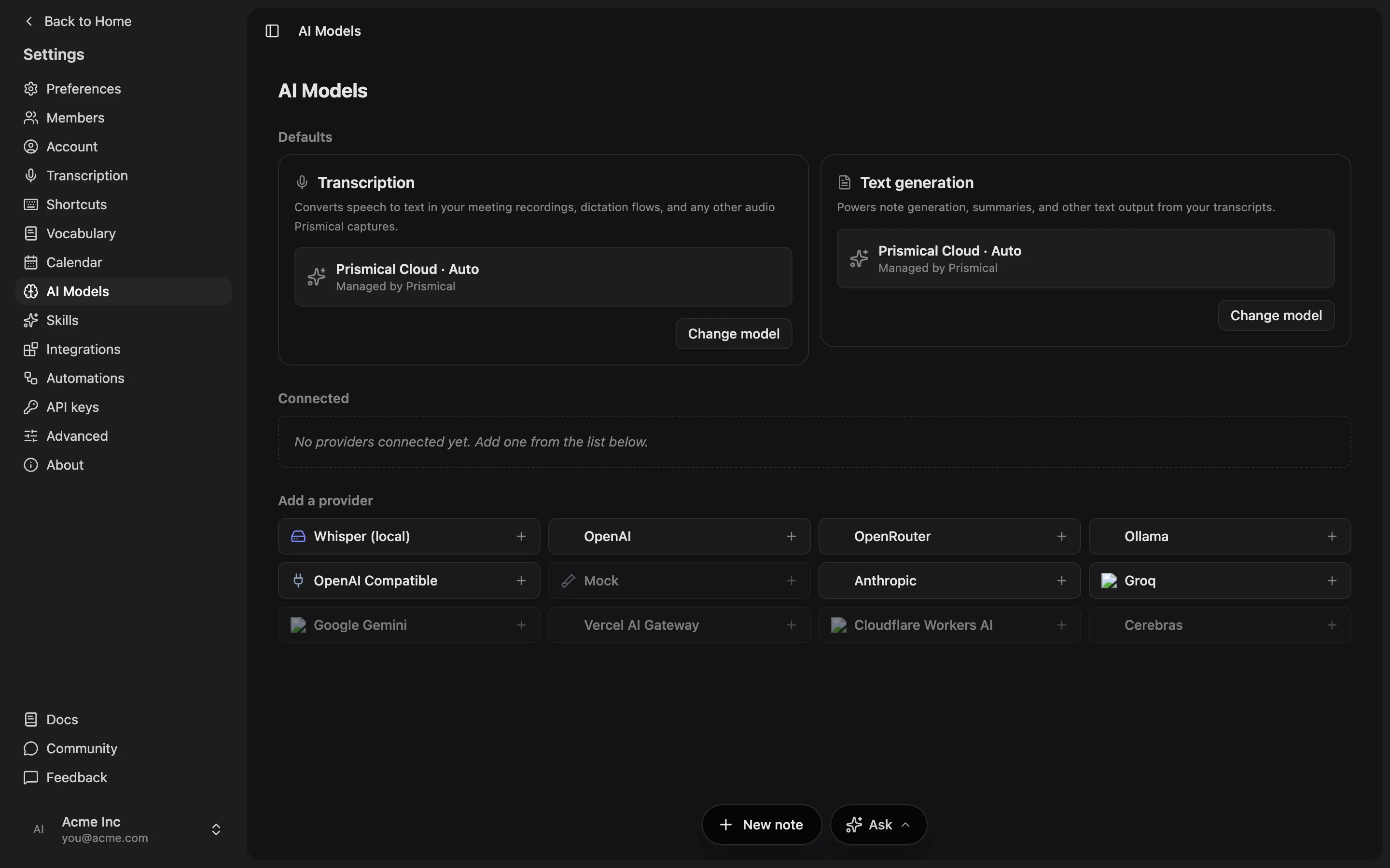 Settings → AI Models, with the managed defaults up top and a grid of providers to add below.