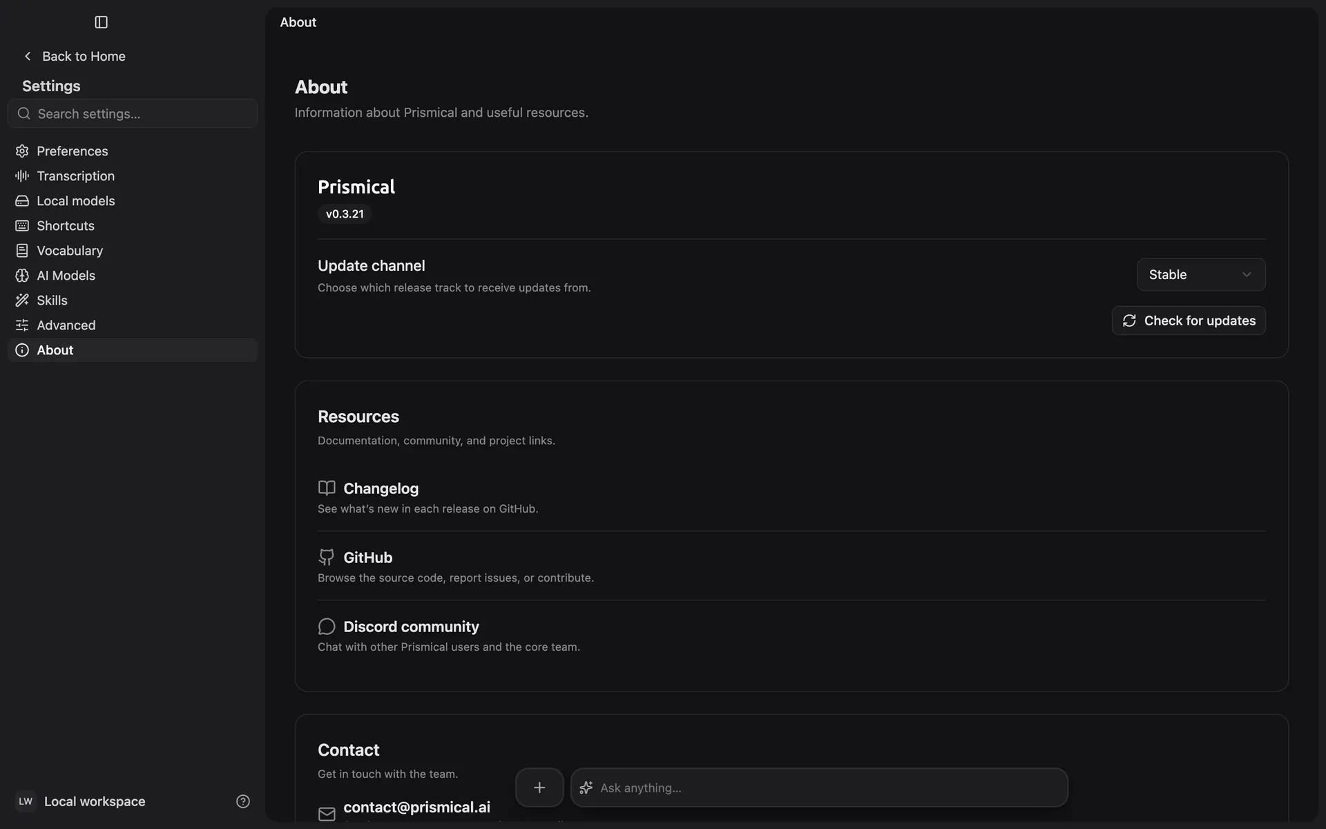 Settings → About in the desktop app: the version number, the update channel, and a Check for updates button.