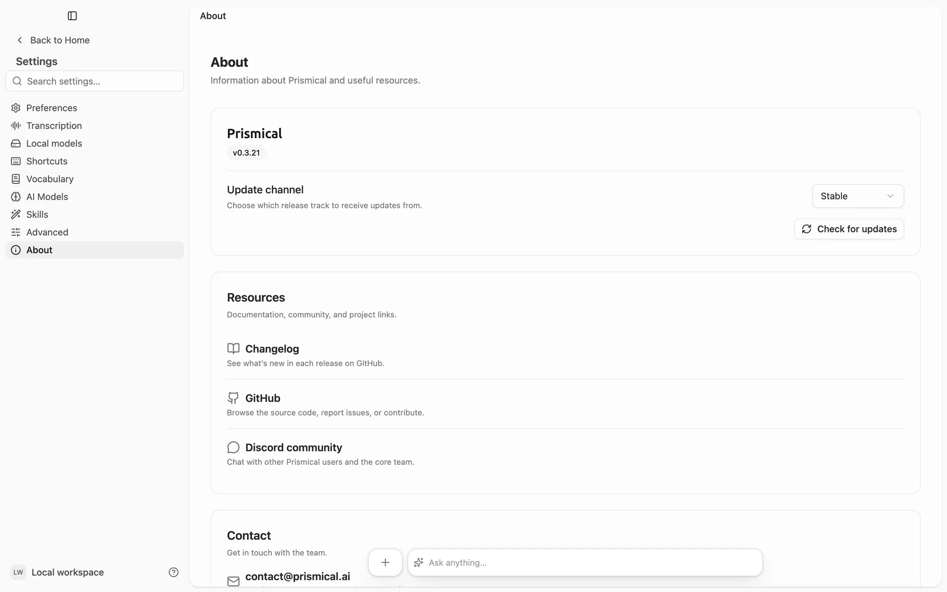 Settings → About in the desktop app: the version number, the update channel, and a Check for updates button.