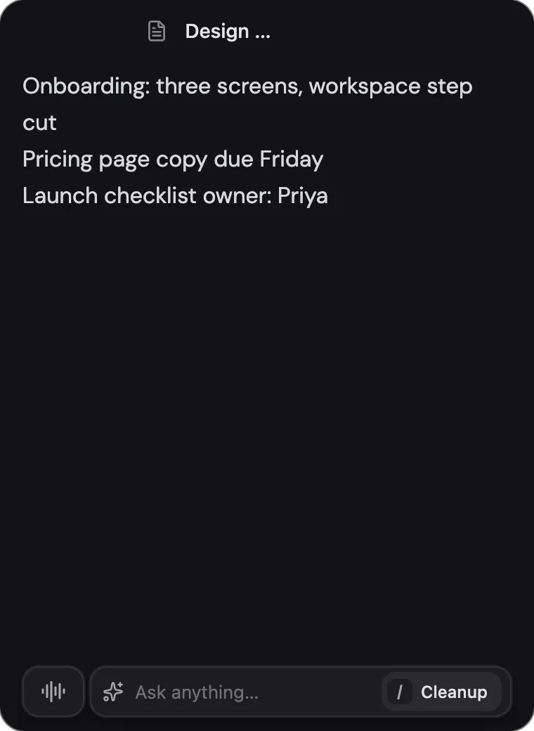 A floating Prismical note: a small window with the note's title, a few typed lines, and the dock for recording, Ask AI and skills at its foot.