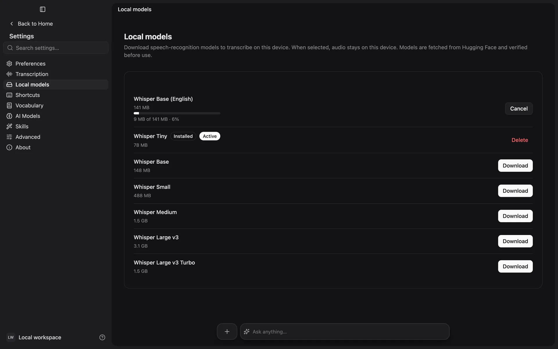 Settings → Local models: one speech model installed and marked Active, another downloading with a progress bar, and the rest ready to download with their sizes.
