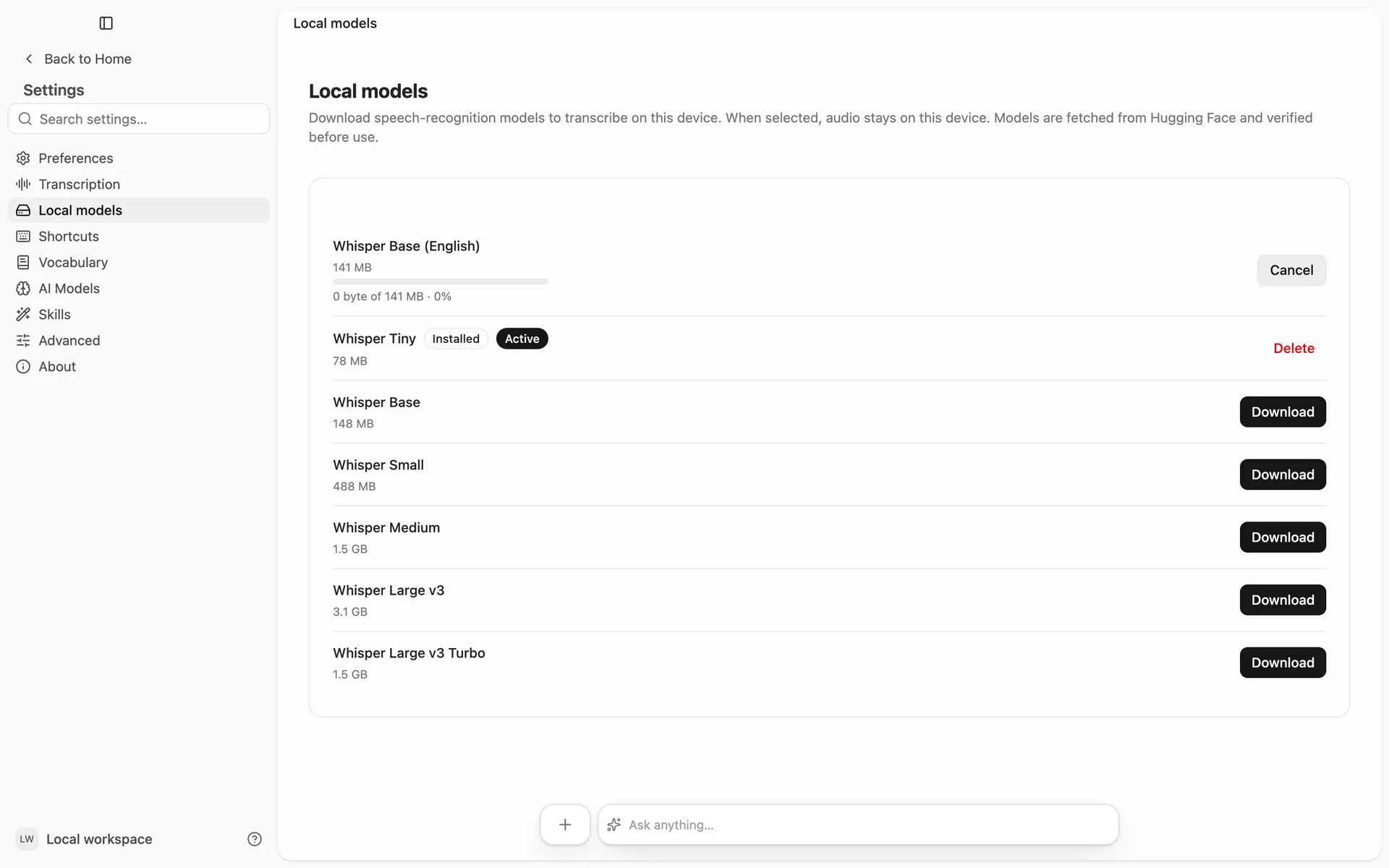 Settings → Local models: one speech model installed and marked Active, another downloading with a progress bar, and the rest ready to download with their sizes.
