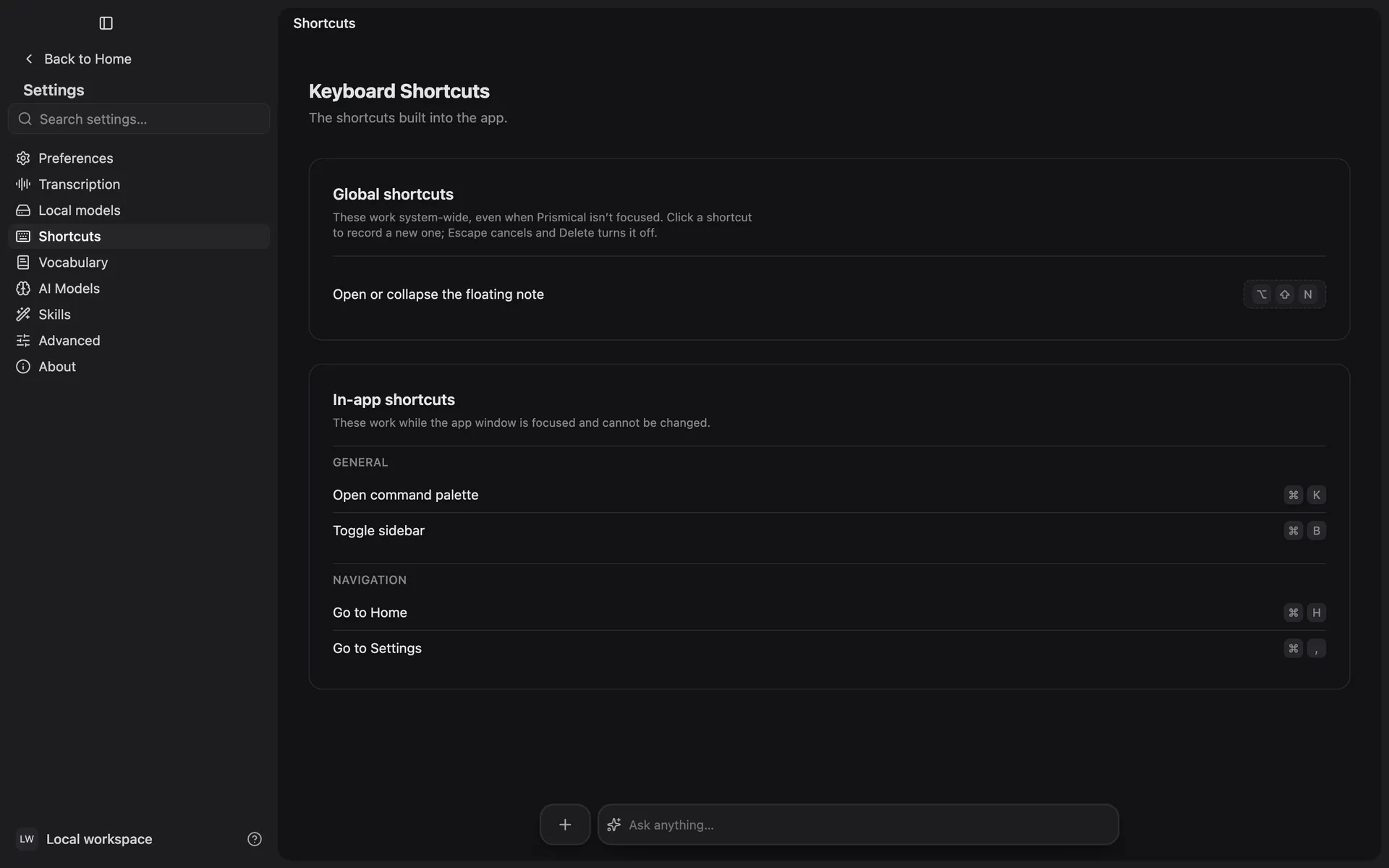 Settings → Shortcuts in the desktop app: a global shortcut for the floating note, and the in-app shortcuts for the command palette, sidebar, Home and Settings.