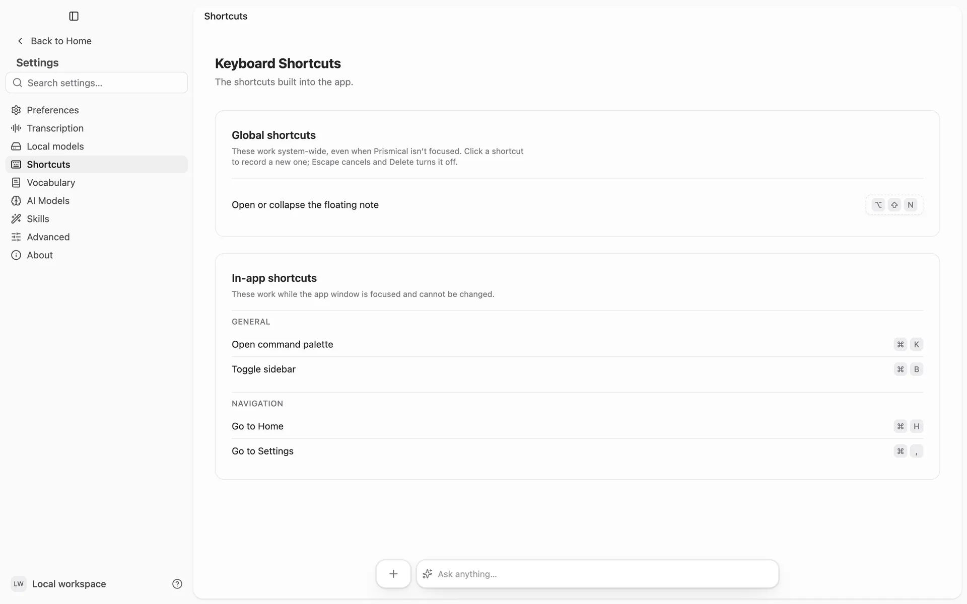 Settings → Shortcuts in the desktop app: a global shortcut for the floating note, and the in-app shortcuts for the command palette, sidebar, Home and Settings.