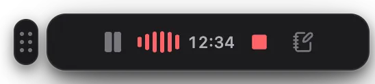 The recording widget: a drag handle, then pause, a waveform, the elapsed time, stop, and a button to open the note.