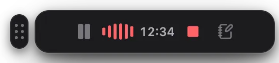 The recording widget: a drag handle, then pause, a waveform, the elapsed time, stop, and a button to open the note.