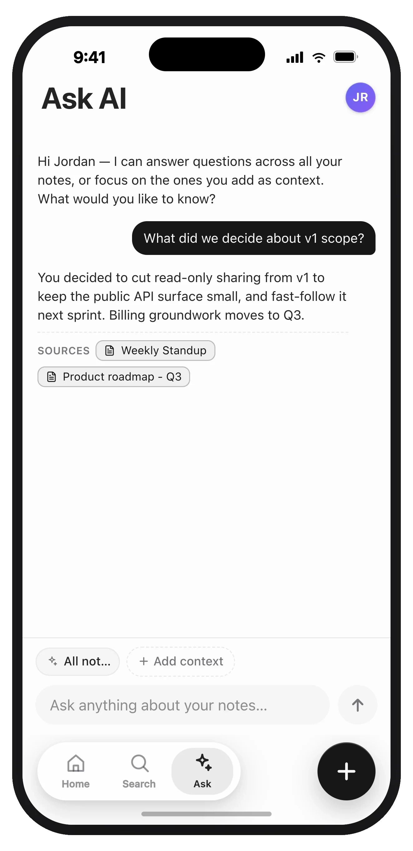 Ask AI on iPhone, answering a question with a Sources row beneath it