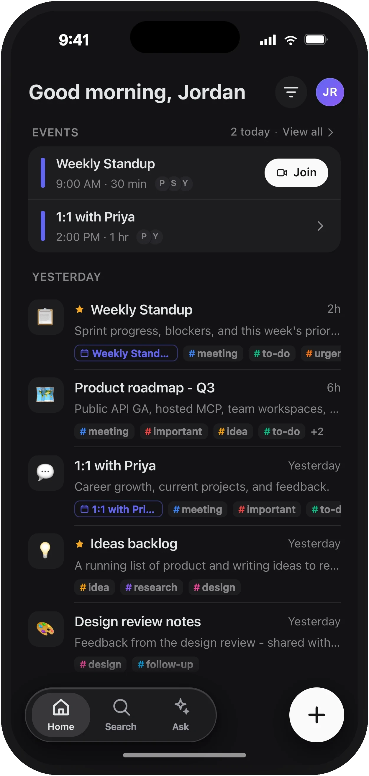 The Prismical home screen on iPhone, with upcoming events and recent notes.
