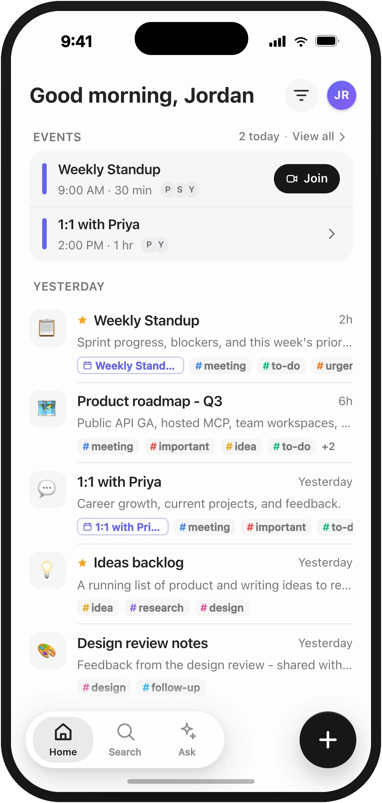 The Prismical home screen on iPhone, showing events and recent notes