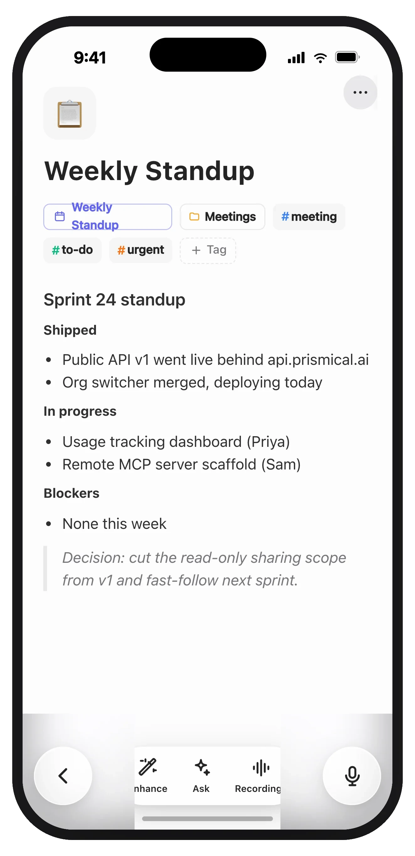 A finished note on iPhone: a title, tags, and a structured write-up, with the dock for enhance, ask, and recording.
