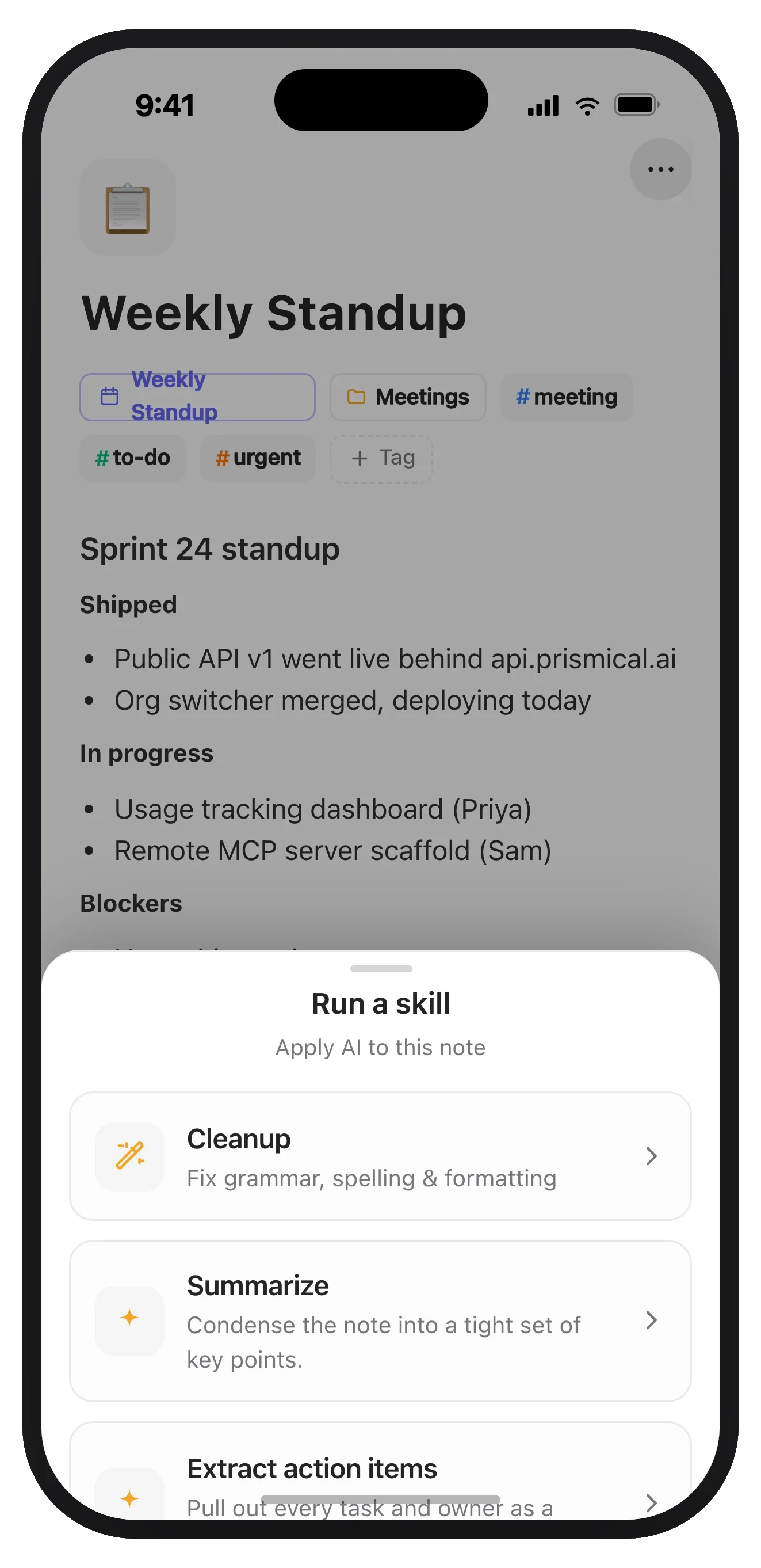 The Run a skill sheet on iPhone, listing Cleanup, Summarize, and Extract action items.