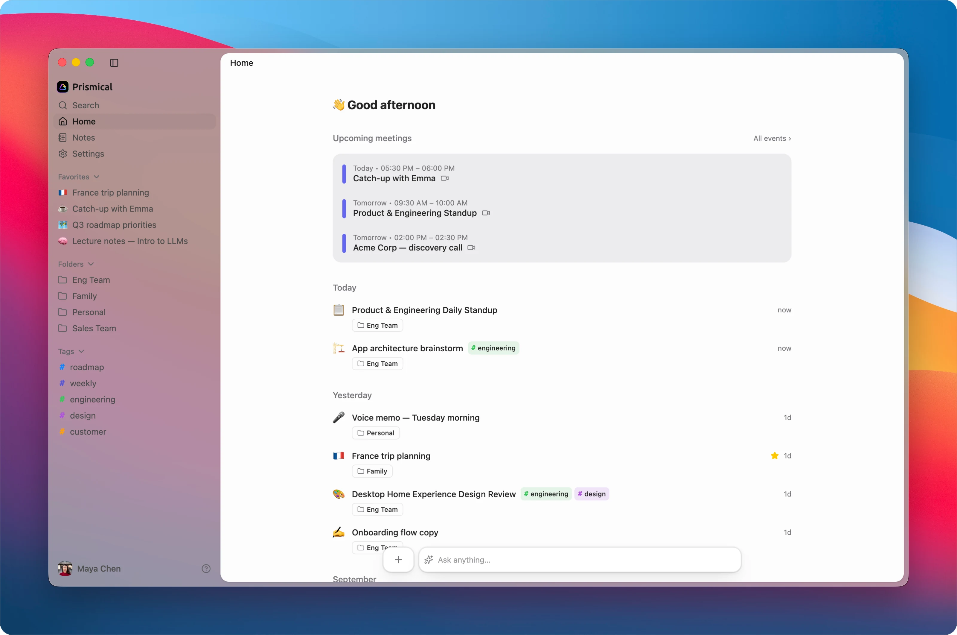 Prismical app Home screen