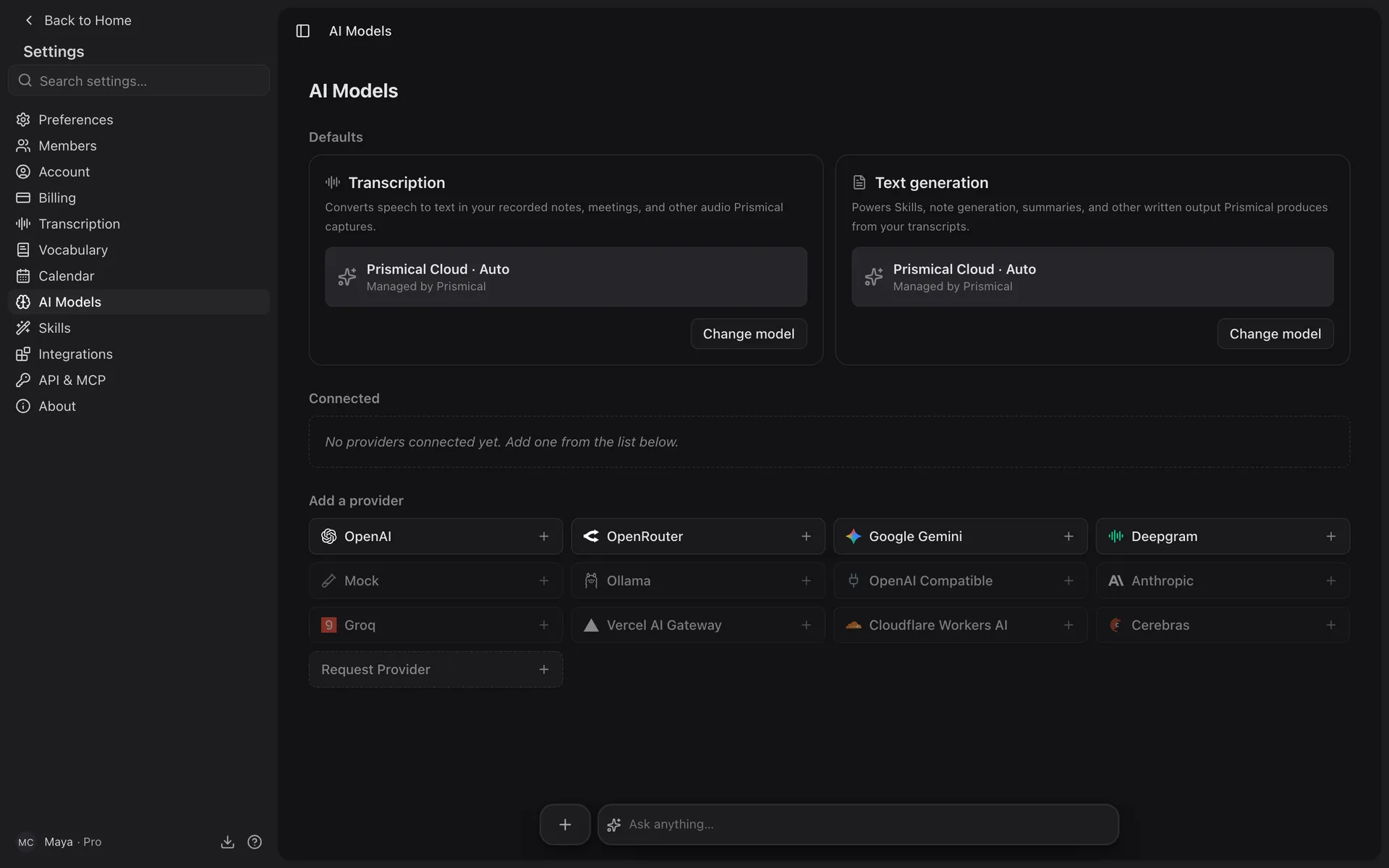 Settings → AI Models, showing the Transcription and Text generation defaults above a list of providers.