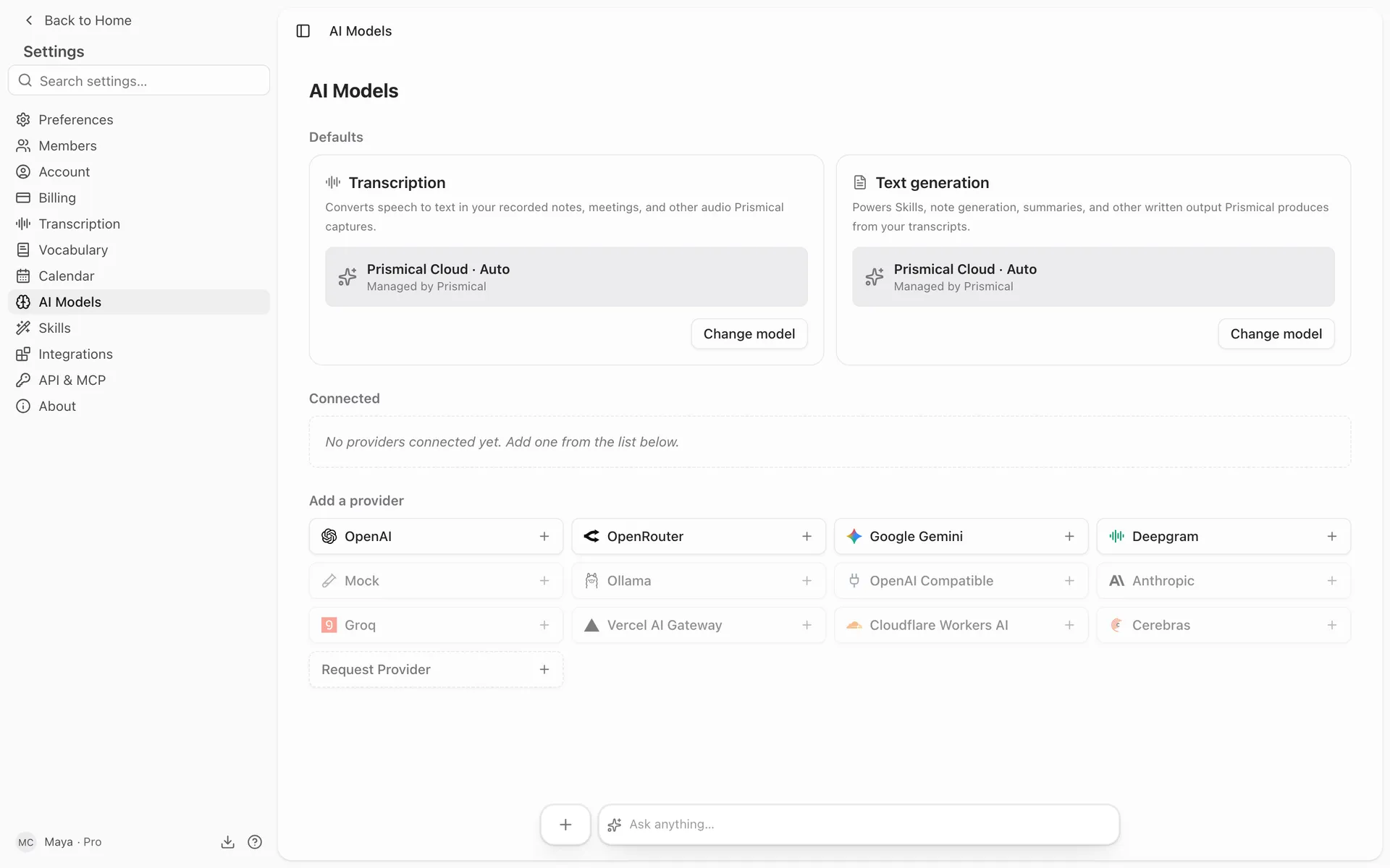Settings → AI Models, showing the Transcription and Text generation defaults above a list of providers.