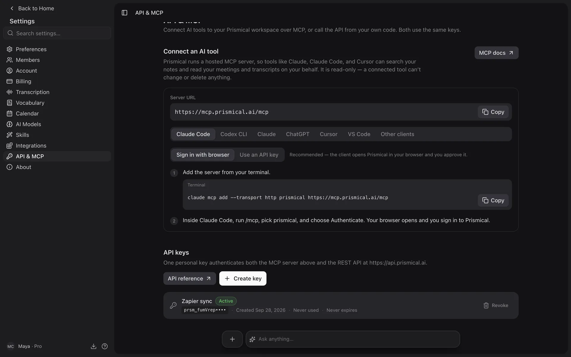 The API keys section of Settings → API & MCP, with a Create key button and one personal key listed.