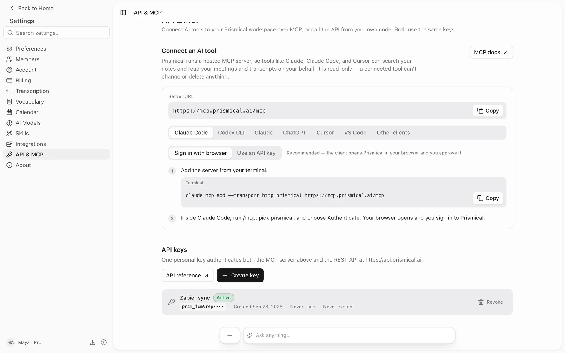 The API keys section of Settings → API & MCP, with a Create key button and one personal key listed.
