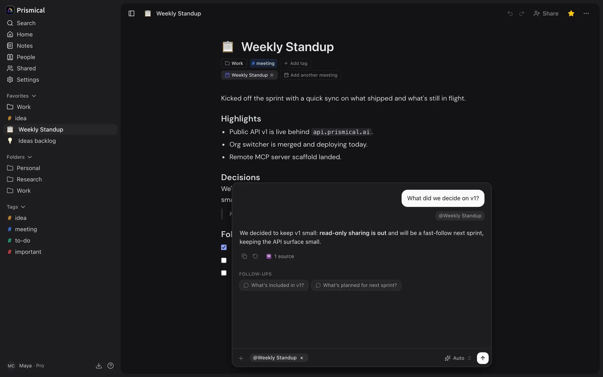 A meeting note with the Ask AI panel open over it, showing an answer, the one note it drew on, and suggested follow-up questions