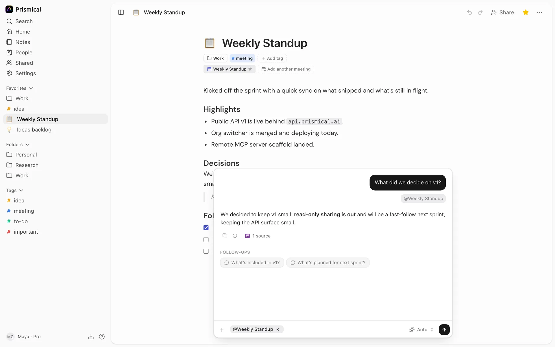 A meeting note with the Ask AI panel open over it, showing an answer, the one note it drew on, and suggested follow-up questions