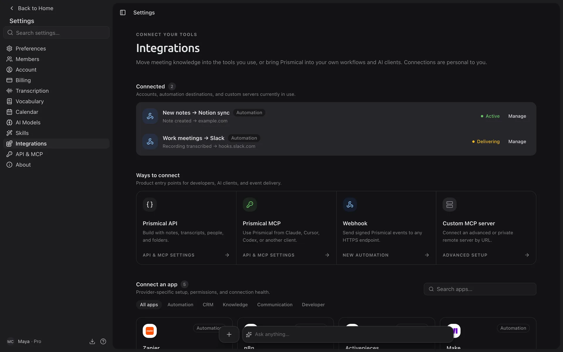 Settings → Integrations listing two automations: one sends transcribed Work meetings to Slack, one sends new notes to a Notion sync.