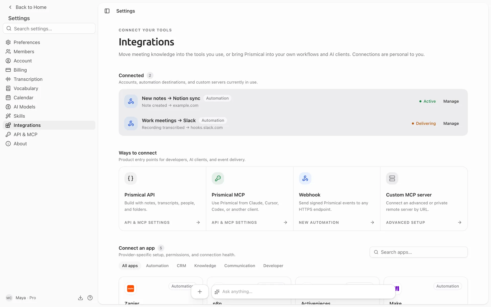 Settings → Integrations listing two automations: one sends transcribed Work meetings to Slack, one sends new notes to a Notion sync.