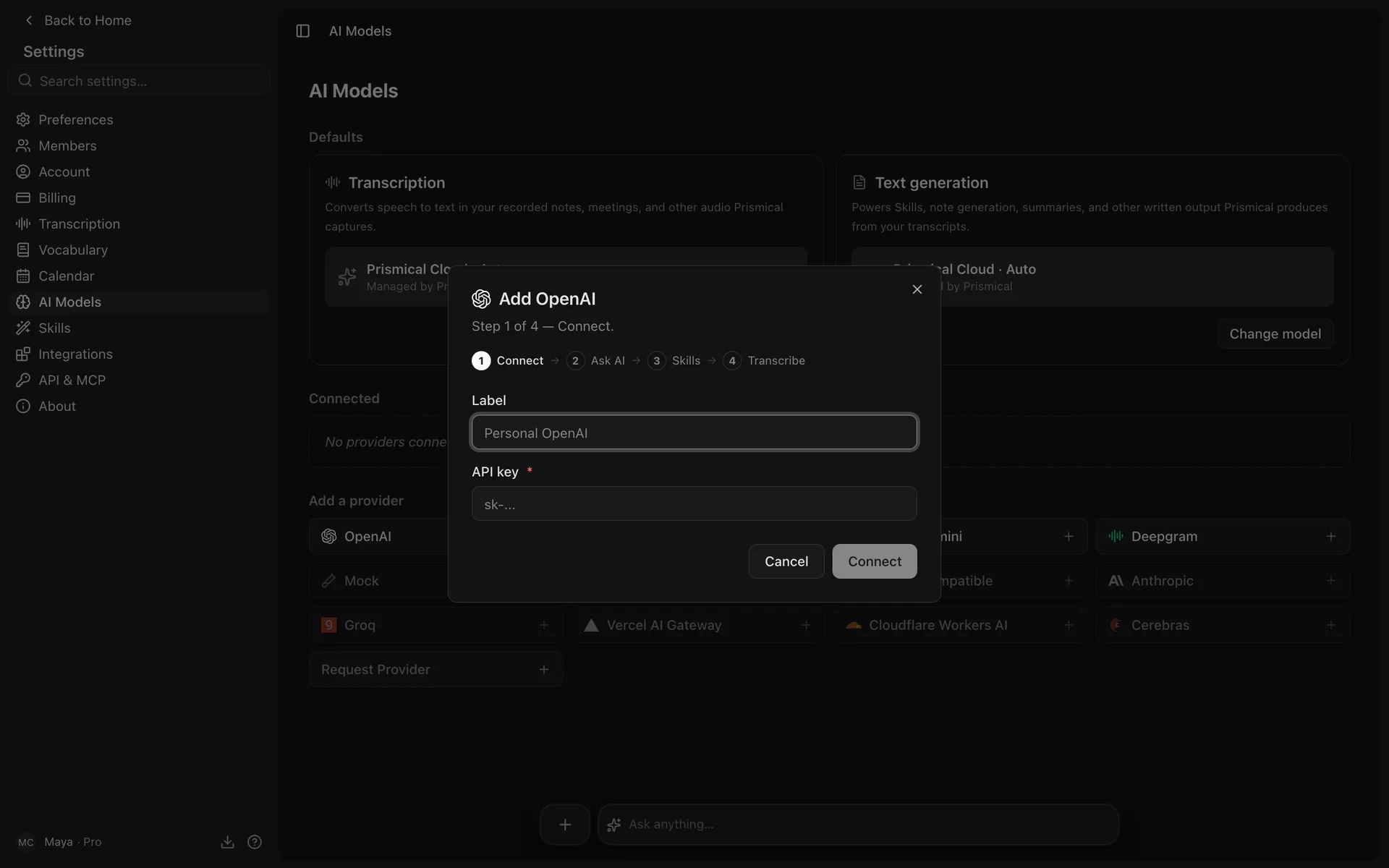 The Add OpenAI dialog in Settings → AI Models, at step one of four: a label and an API key field.