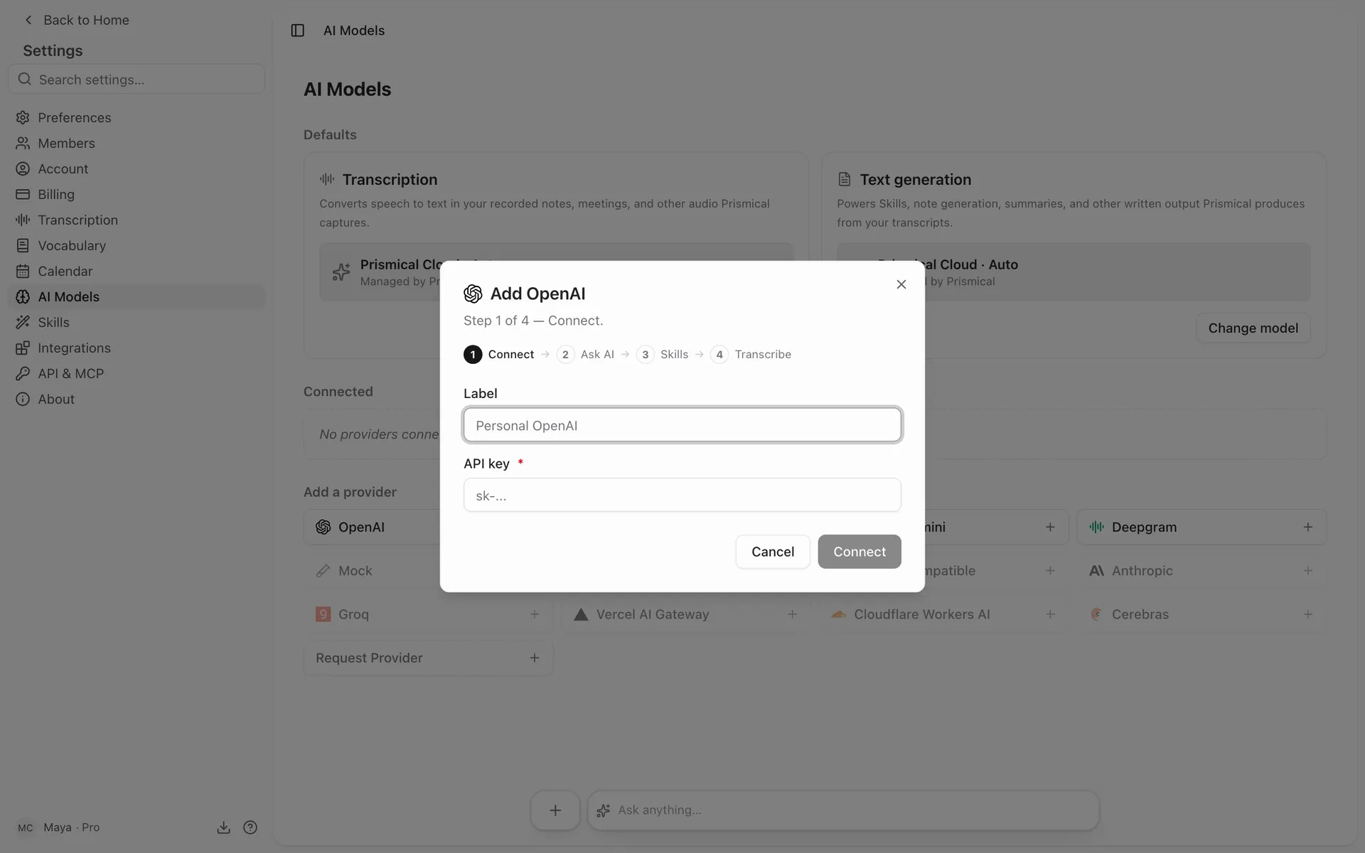 The Add OpenAI dialog in Settings → AI Models, at step one of four: a label and an API key field.
