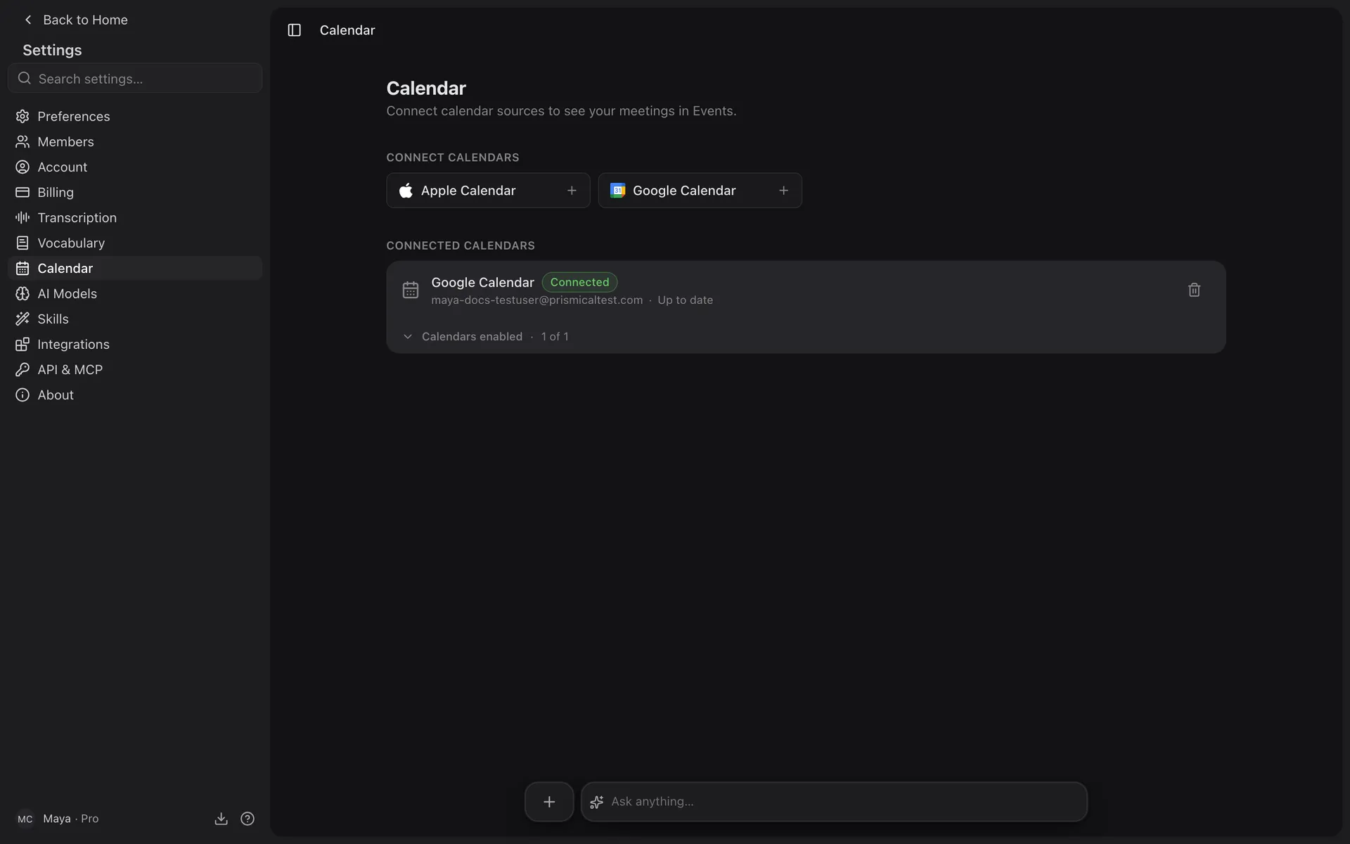 Settings → Calendar showing a connected Google Calendar with its last sync time.