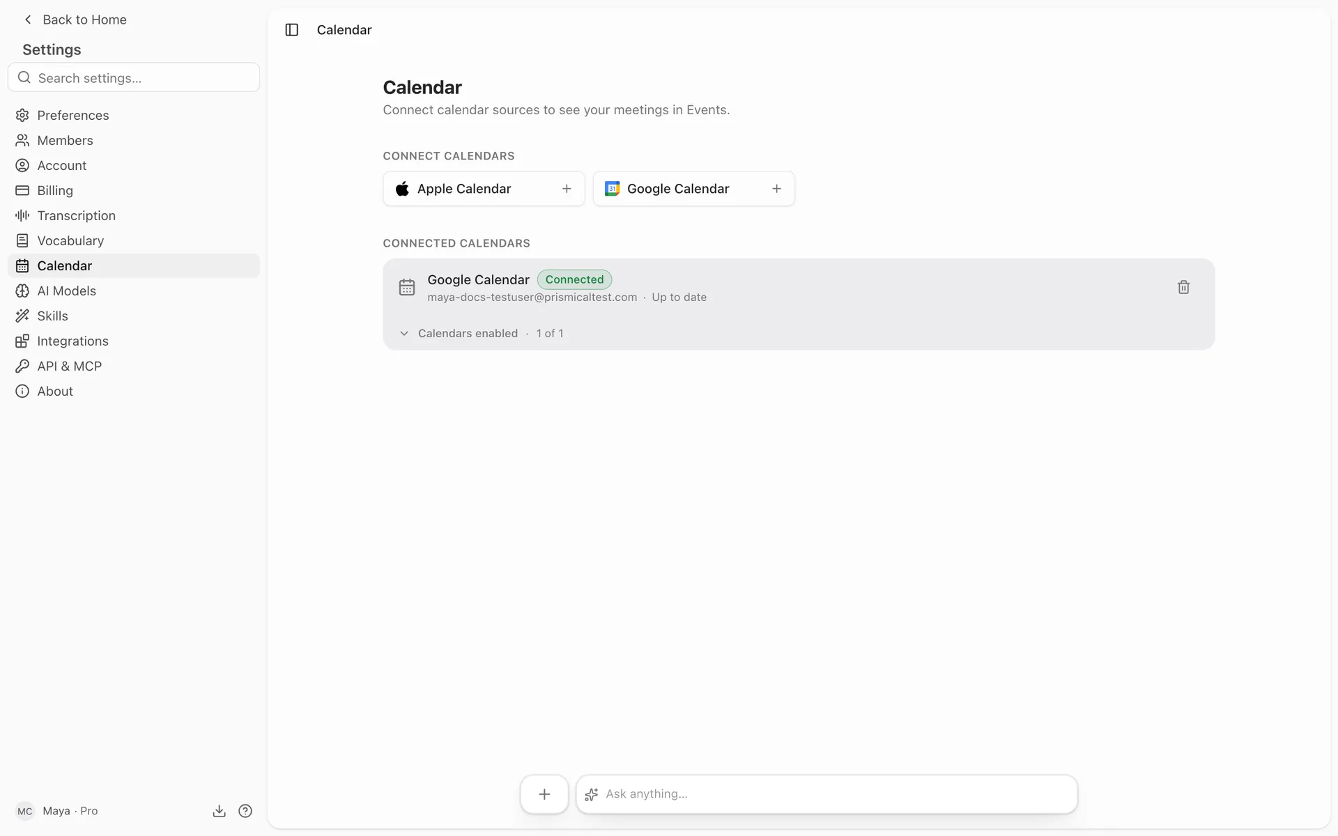 Settings → Calendar showing a connected Google Calendar with its last sync time.