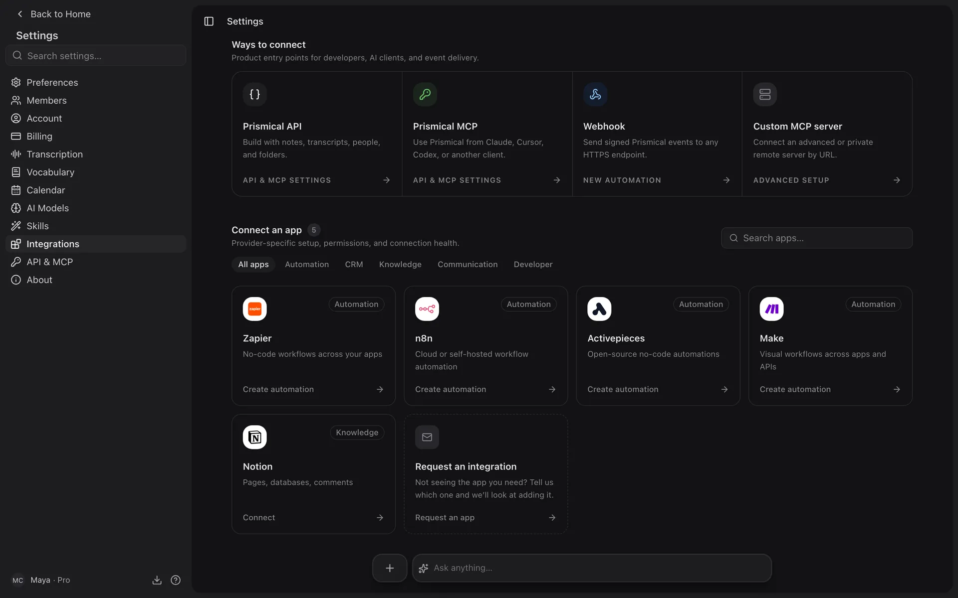 Settings → Integrations, showing the ways to connect and the app directory with Zapier, n8n, Activepieces, Make and Notion.
