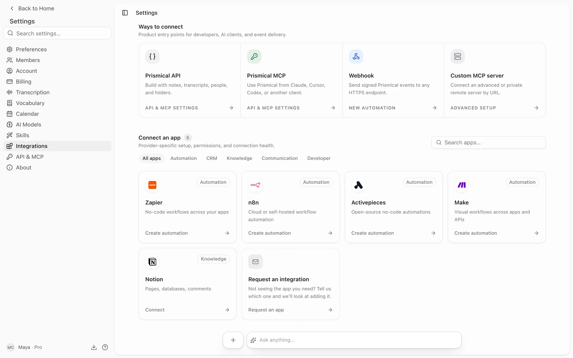 Settings → Integrations, showing the ways to connect and the app directory with Zapier, n8n, Activepieces, Make and Notion.