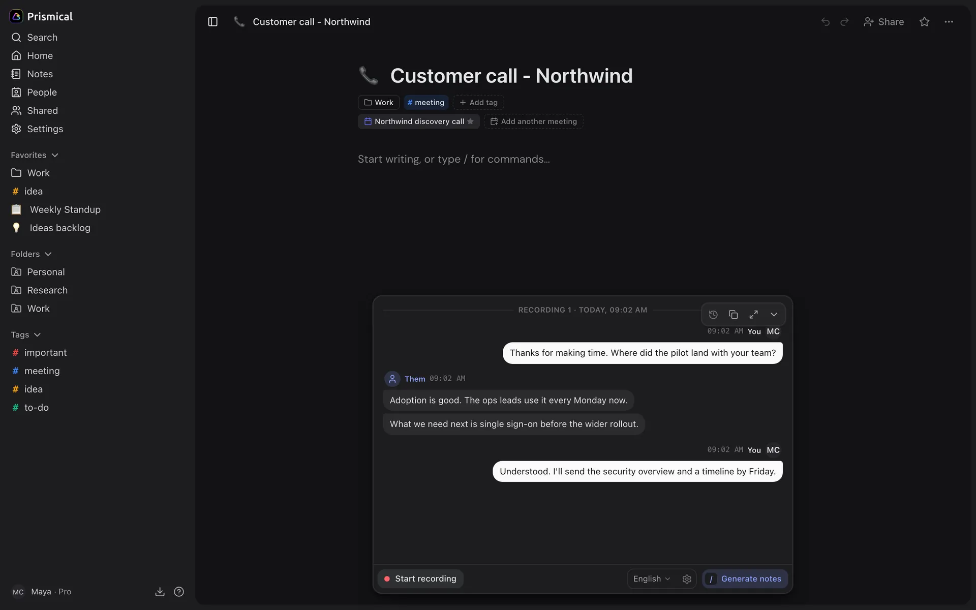 A recorded customer call with an empty note above it, and the recording panel offering Generate notes.