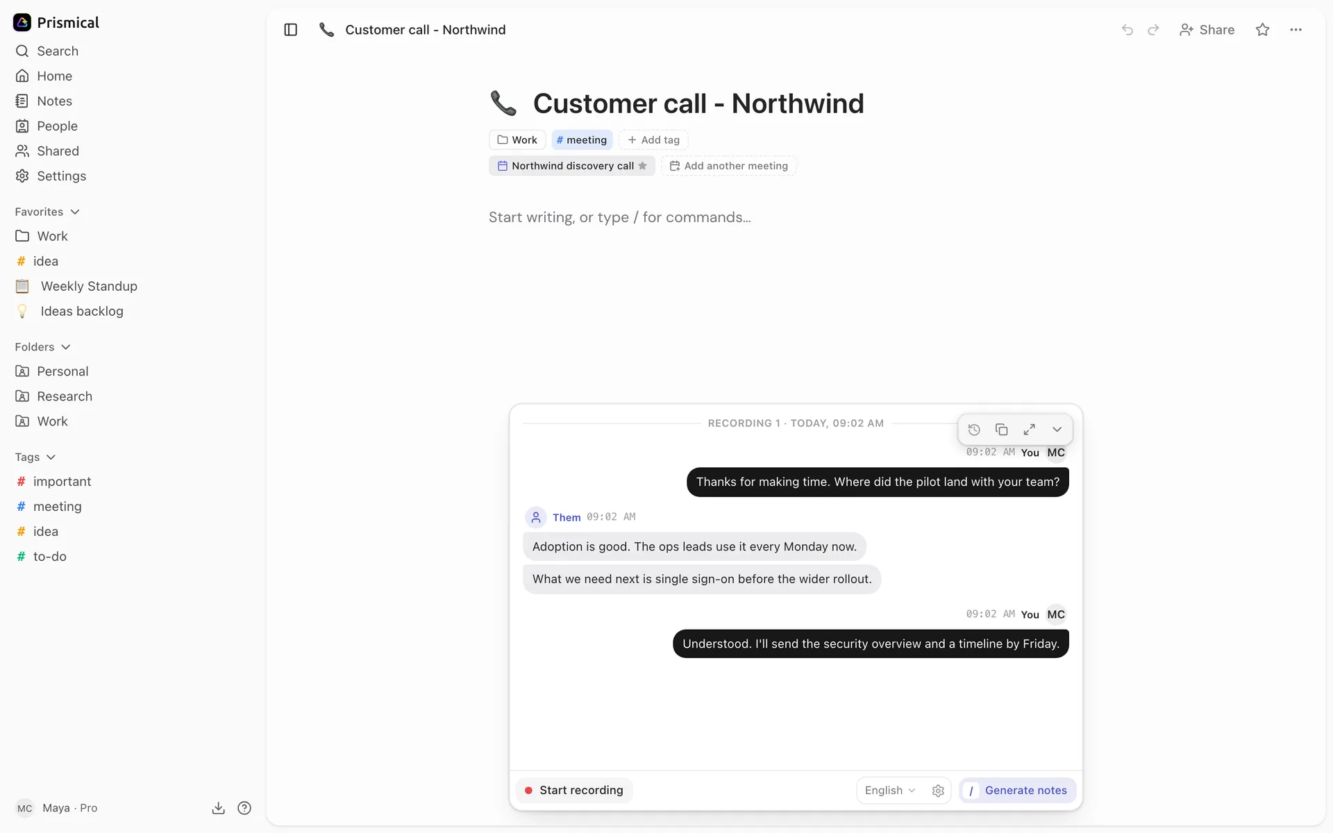 A recorded customer call with an empty note above it, and the recording panel offering Generate notes.