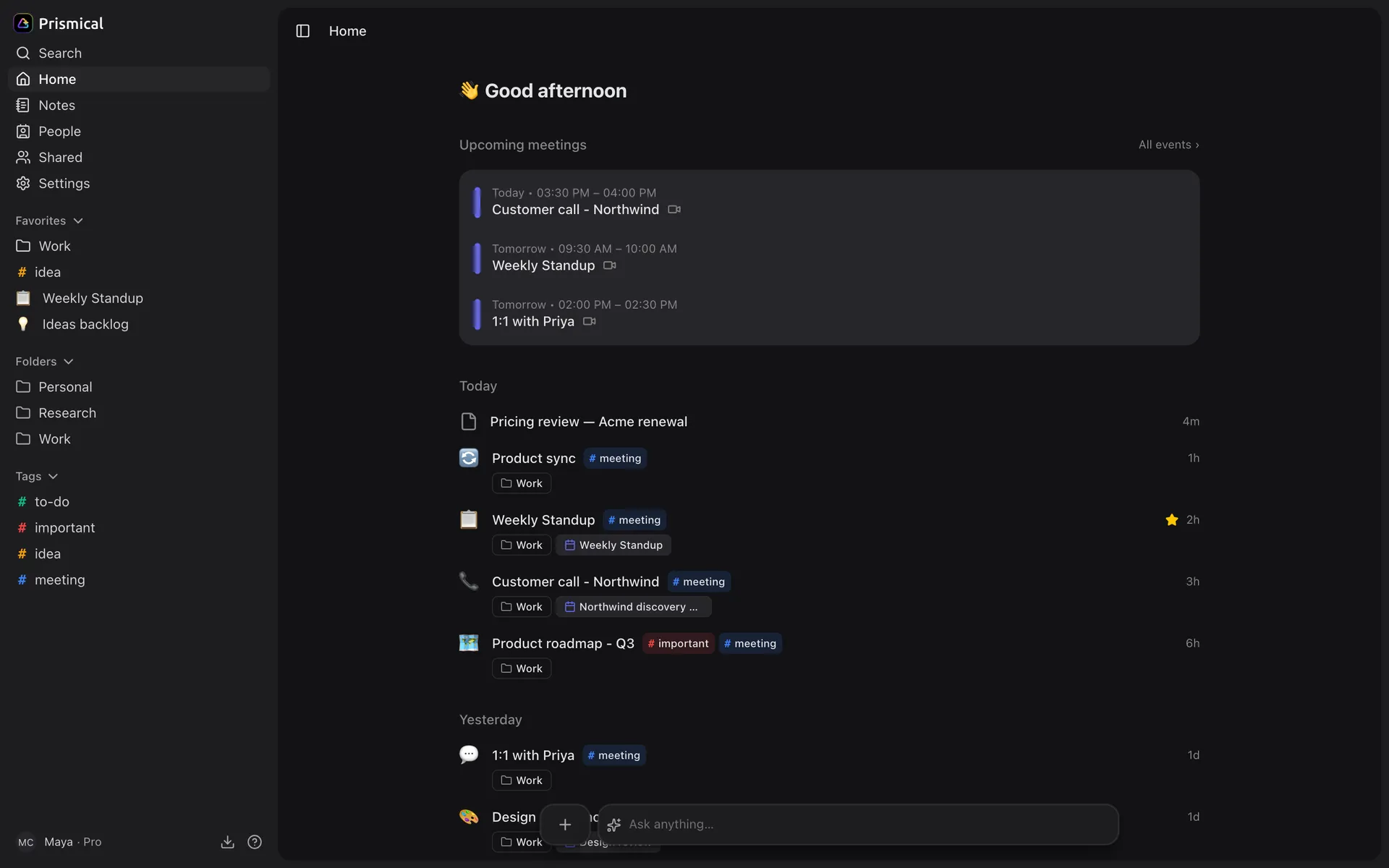 The Prismical home screen in a browser, showing upcoming meetings and recent notes