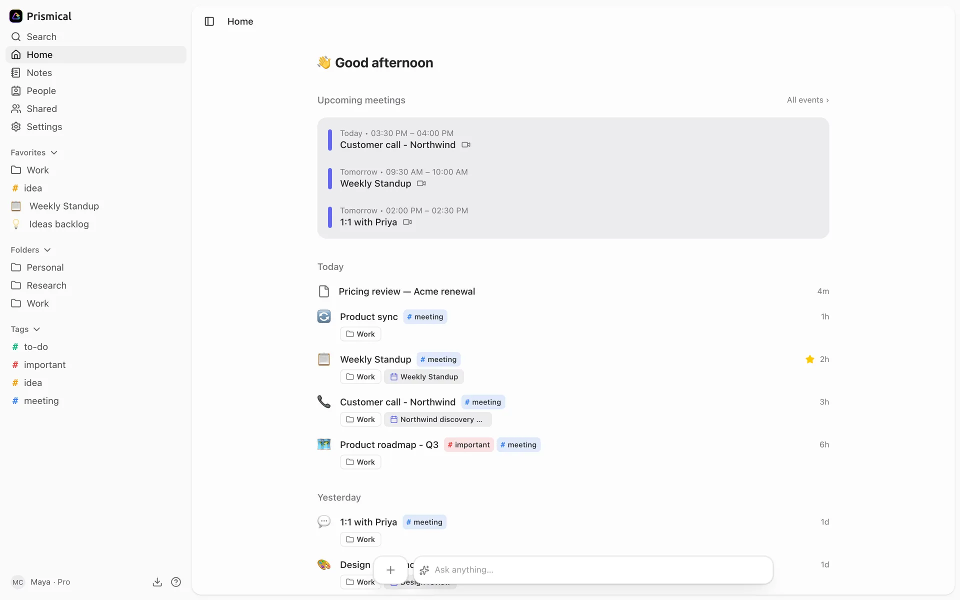 The Prismical home screen in a browser, showing upcoming meetings and recent notes
