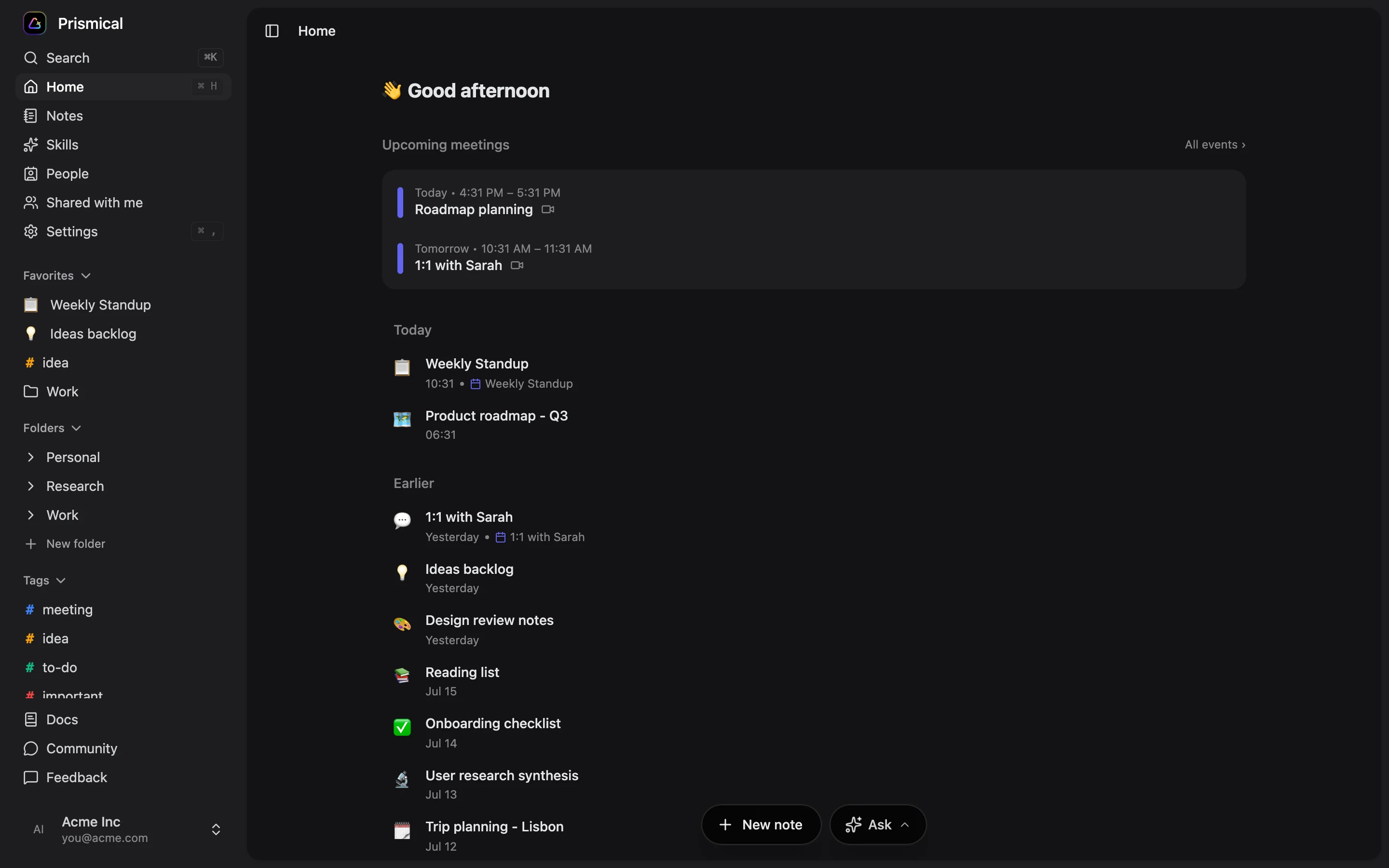 The Prismical home screen in a browser, showing upcoming meetings and recent notes