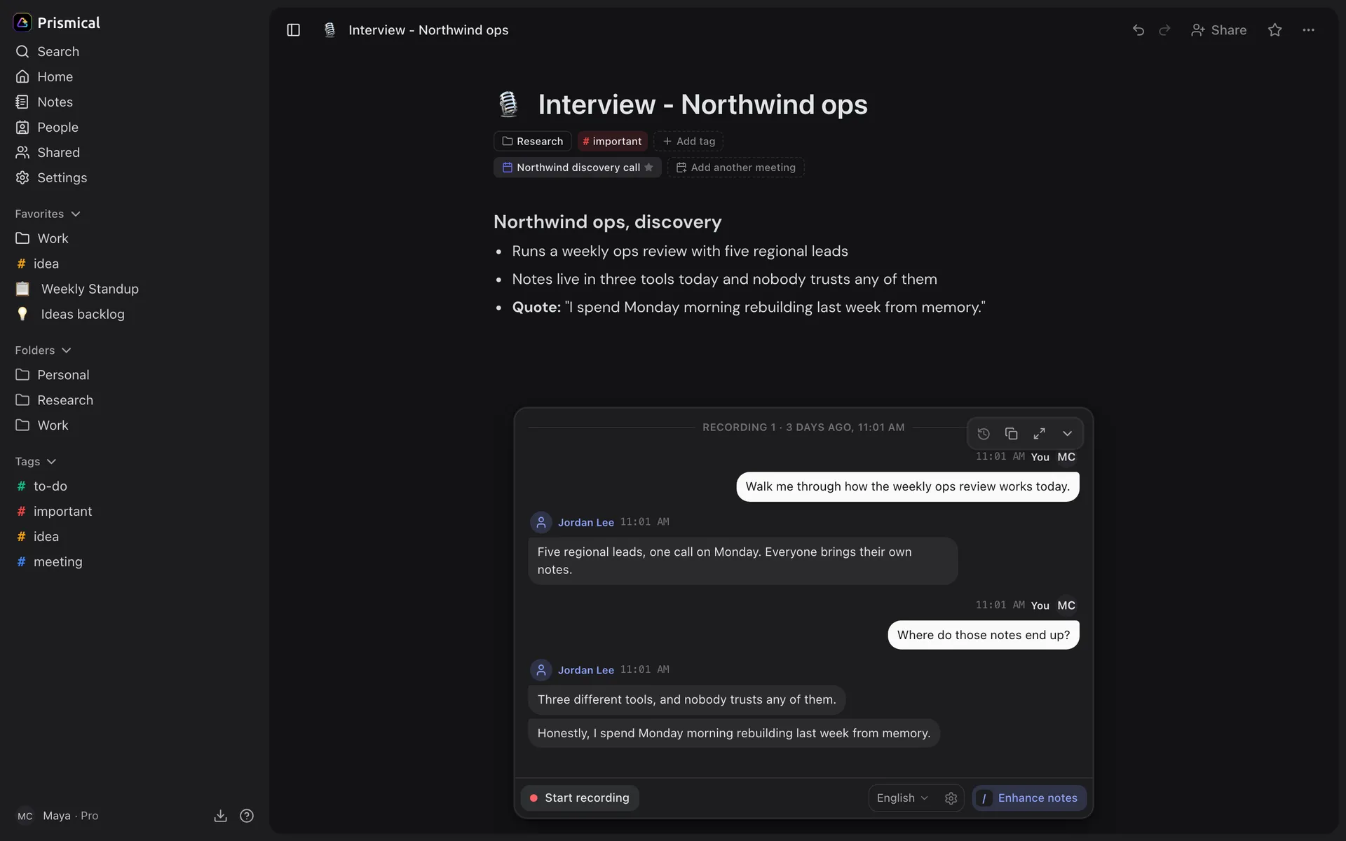 An interview note with its transcript open: your questions labeled You, and the answers labeled Jordan Lee.
