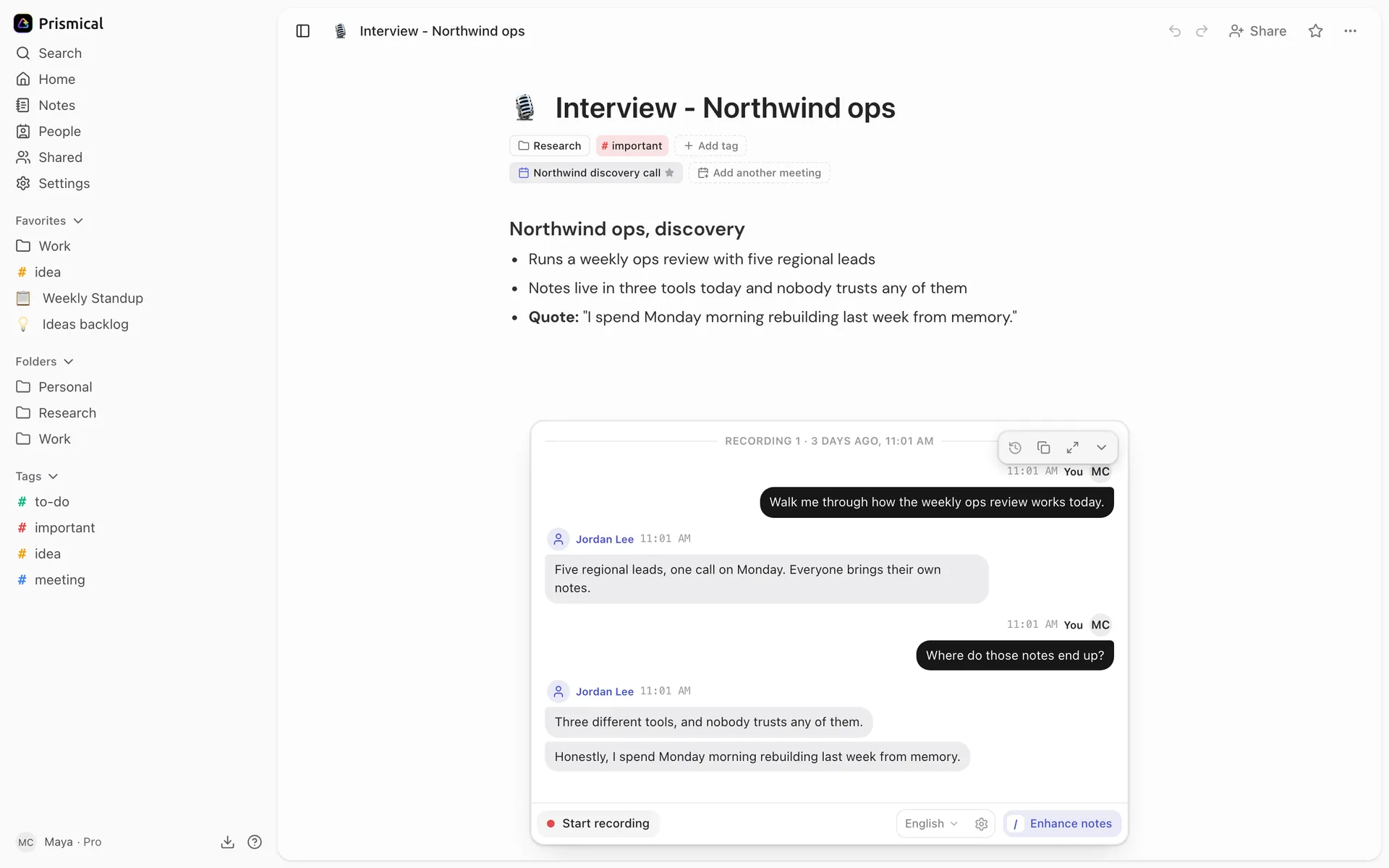 An interview note with its transcript open: your questions labeled You, and the answers labeled Jordan Lee.
