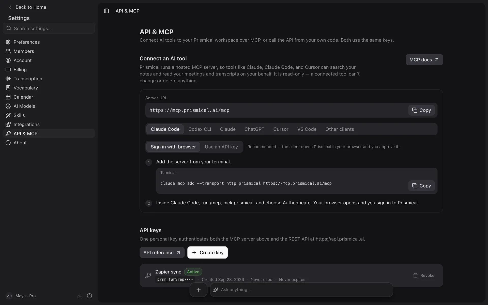 Settings → API & MCP, with the MCP server URL and setup steps for Claude Code, Codex, Cursor and other clients.