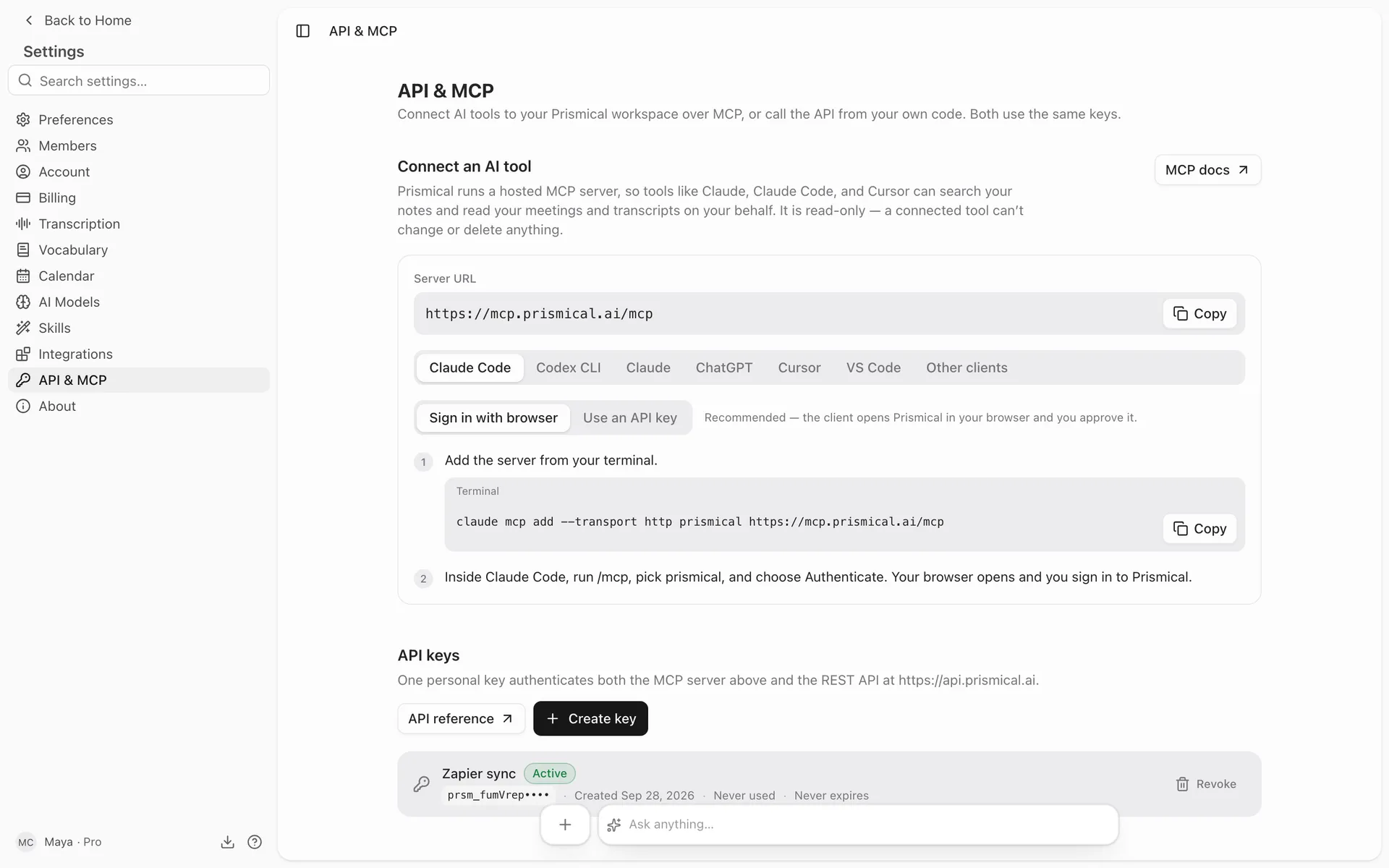 Settings → API & MCP, with the MCP server URL and setup steps for Claude Code, Codex, Cursor and other clients.