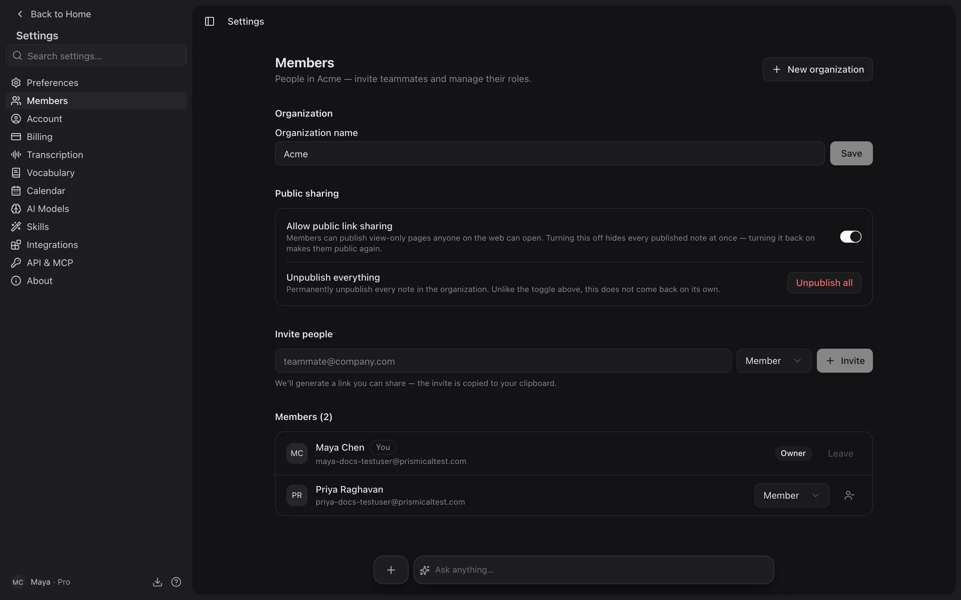 Settings → Members for an organization named Acme: the organization name, public-sharing controls, an invite field, and two members.