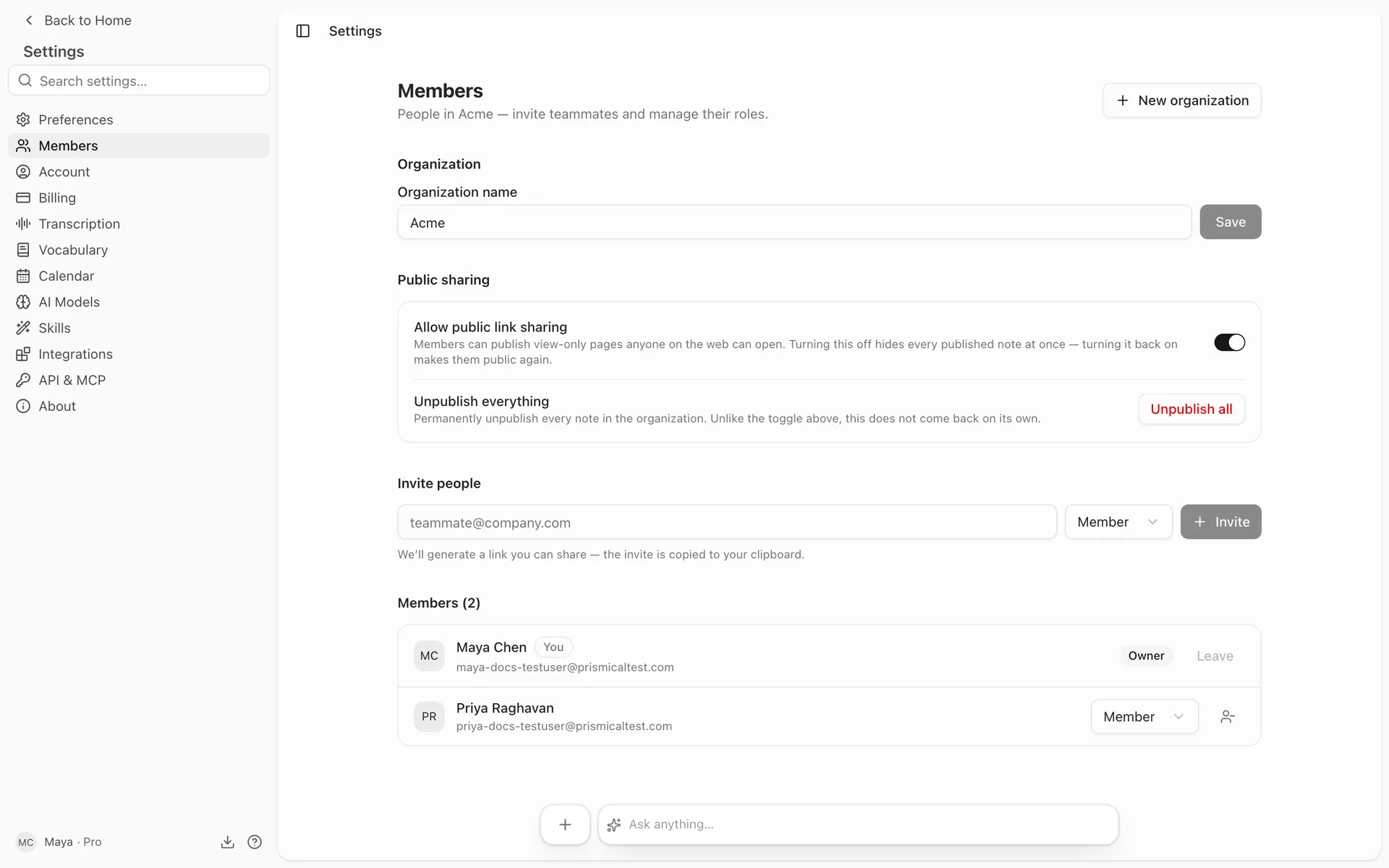 Settings → Members for an organization named Acme: the organization name, public-sharing controls, an invite field, and two members.