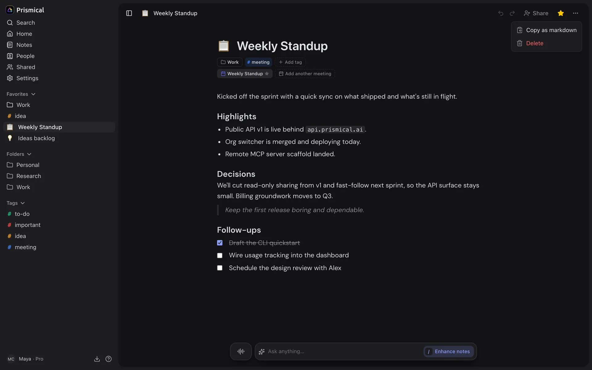 A note's actions menu open from the top right of the window, offering Copy as markdown and Delete.