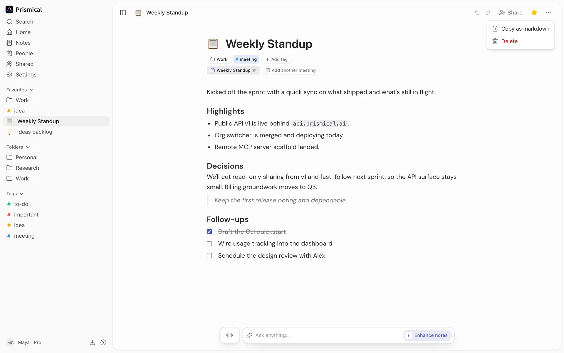 A note's actions menu open from the top right of the window, offering Copy as markdown and Delete.