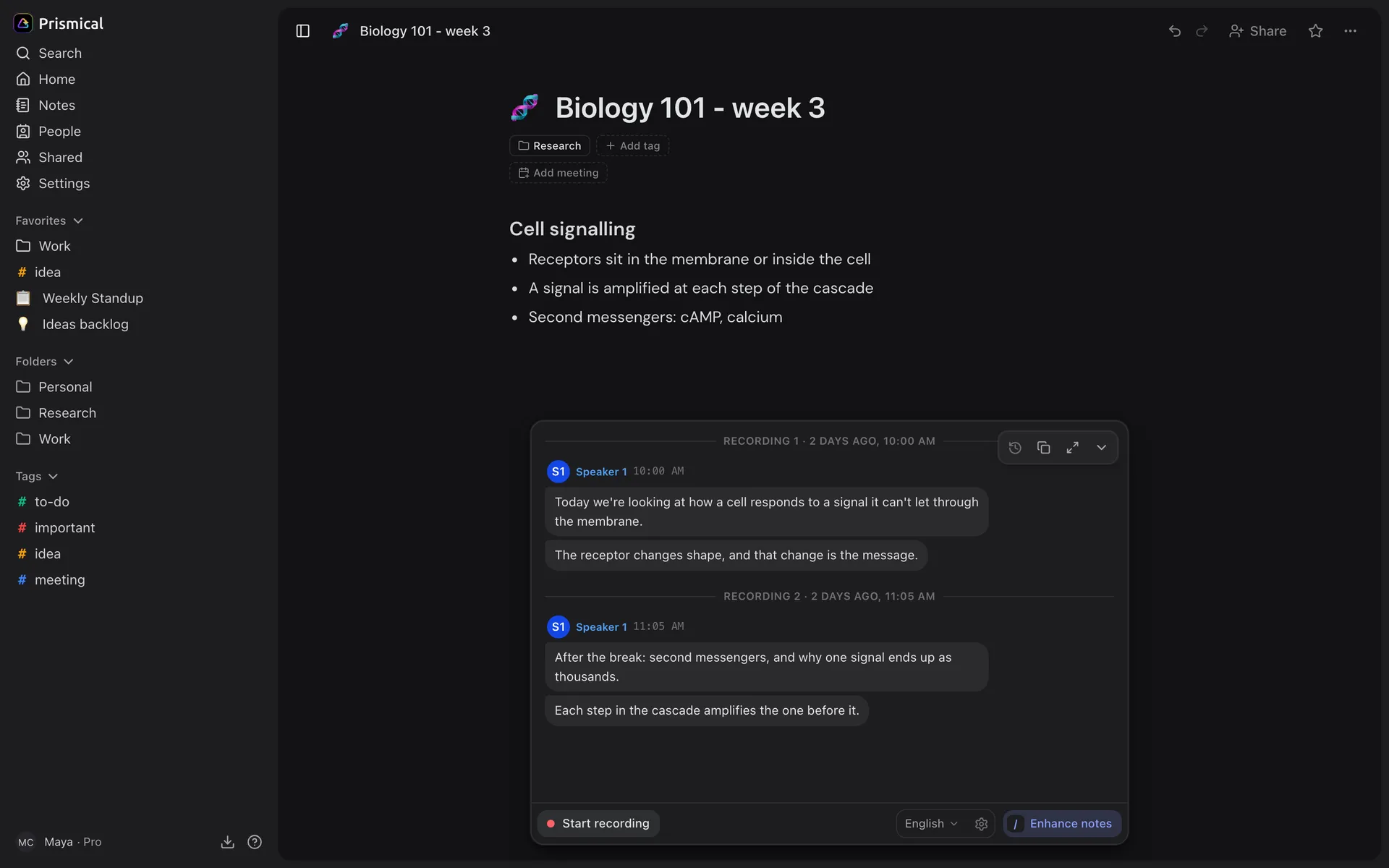 A lecture note in Prismical: typed bullet points at the top, and below them a panel holding two recordings, each with its own transcript.