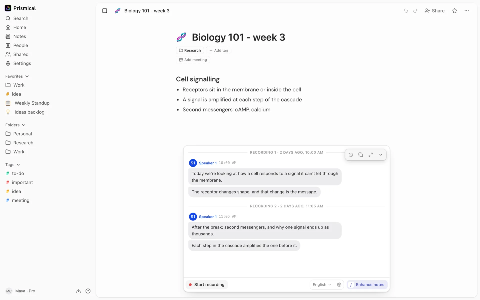 A lecture note in Prismical: typed bullet points at the top, and below them a panel holding two recordings, each with its own transcript.