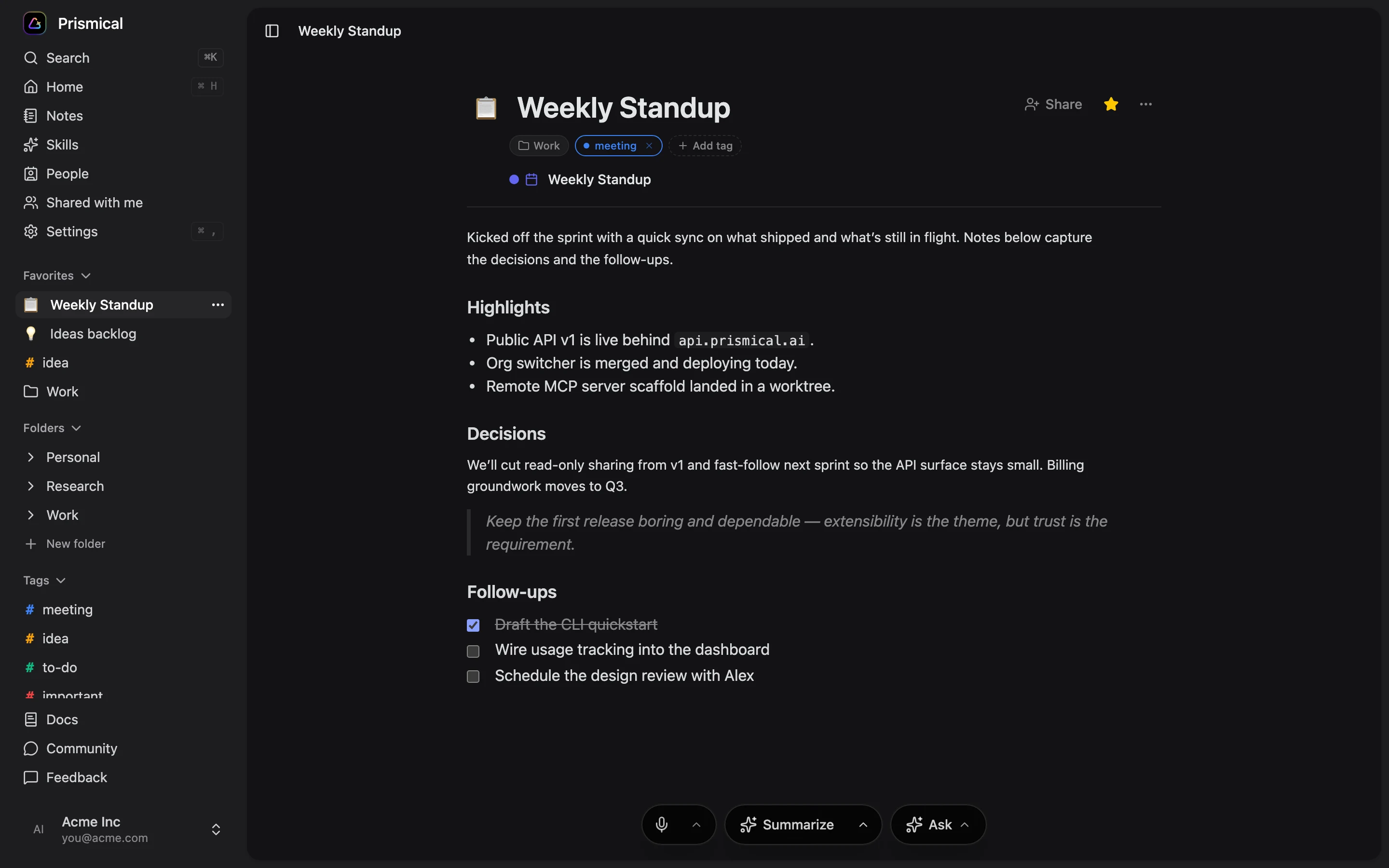 Prismical note editor with structured demonstration meeting notes