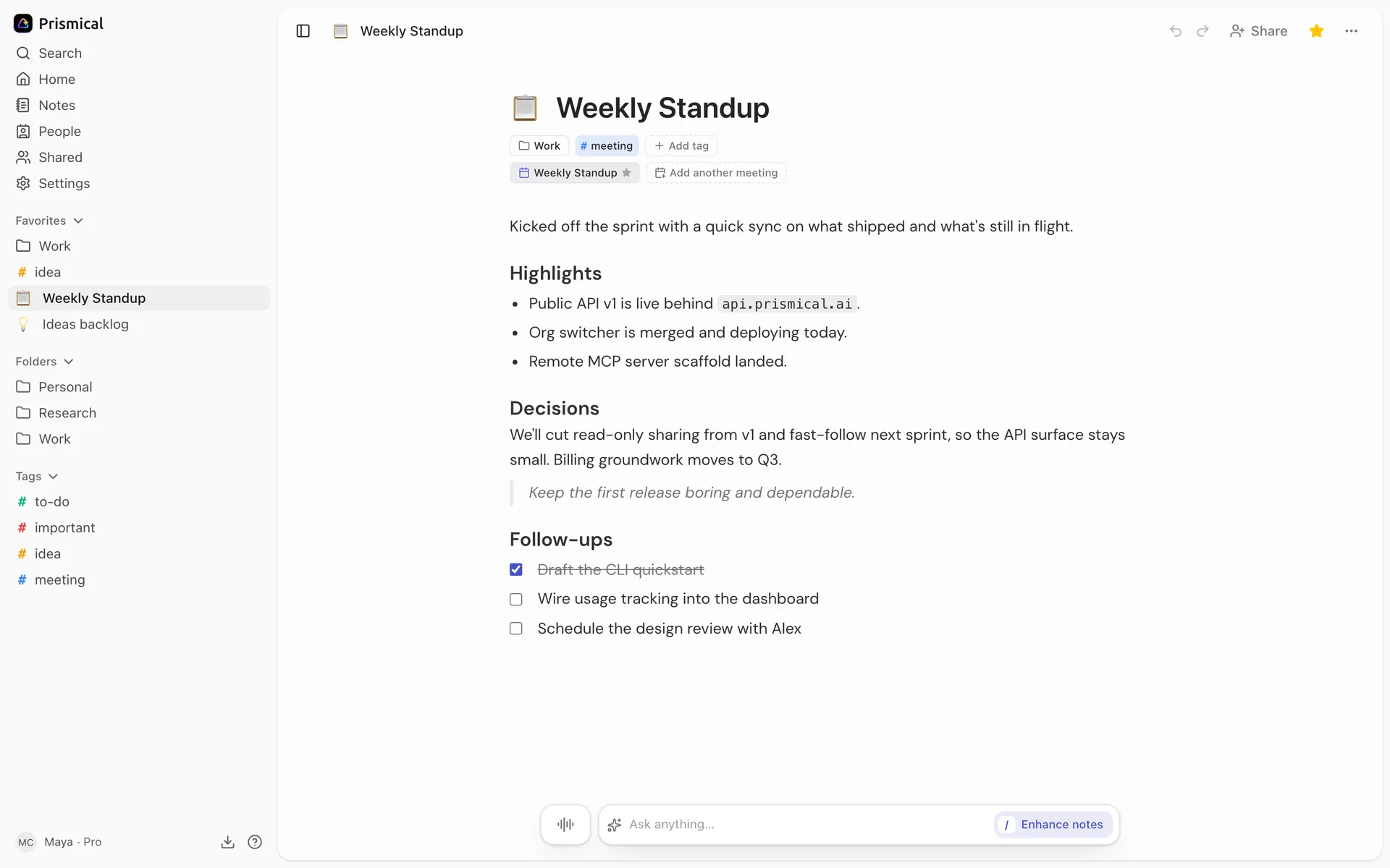A note open in Prismical, with its folder, tag and linked meeting under the title, and the dock for recording, Ask AI and Enhance at the bottom.