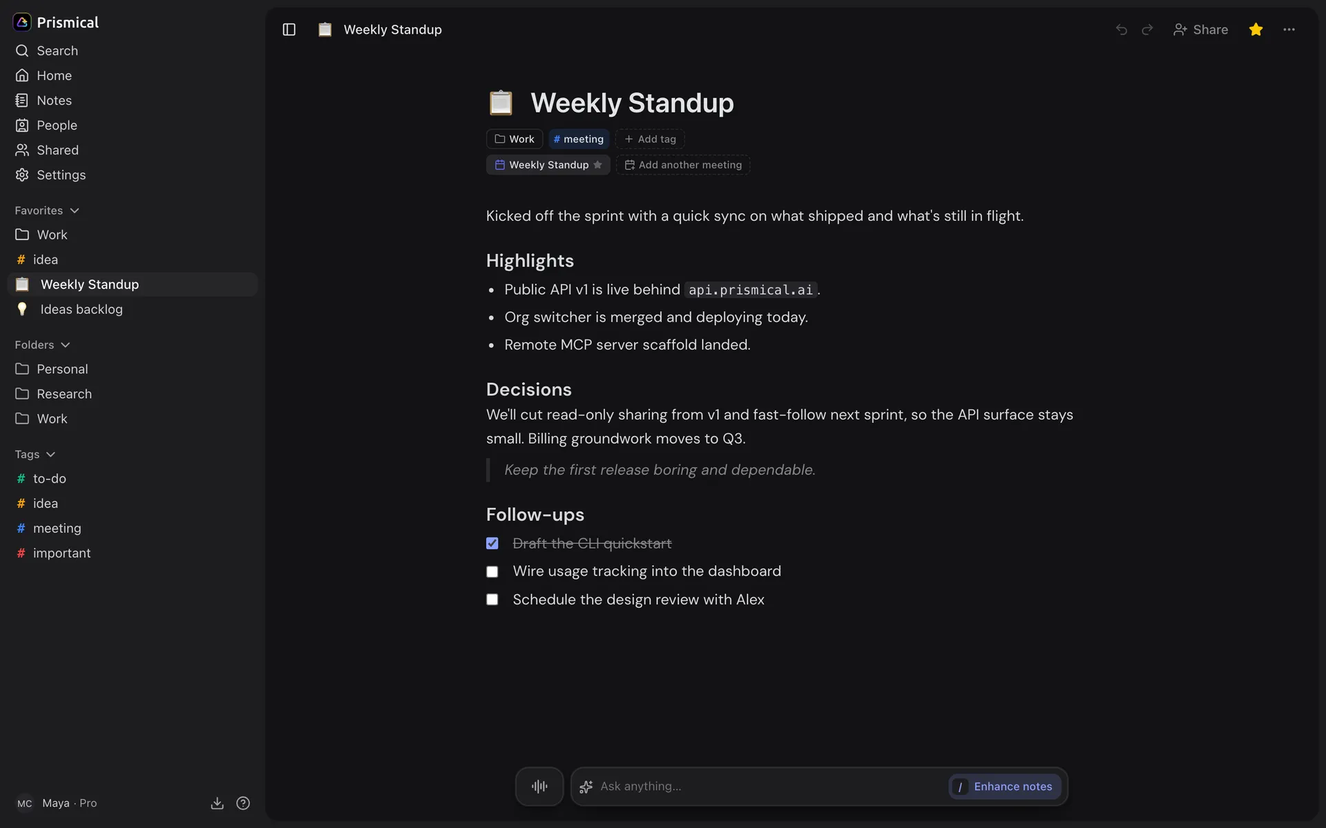 A note in Prismical with the sidebar showing Favorites, Folders and Tags, and the star in the note's header.