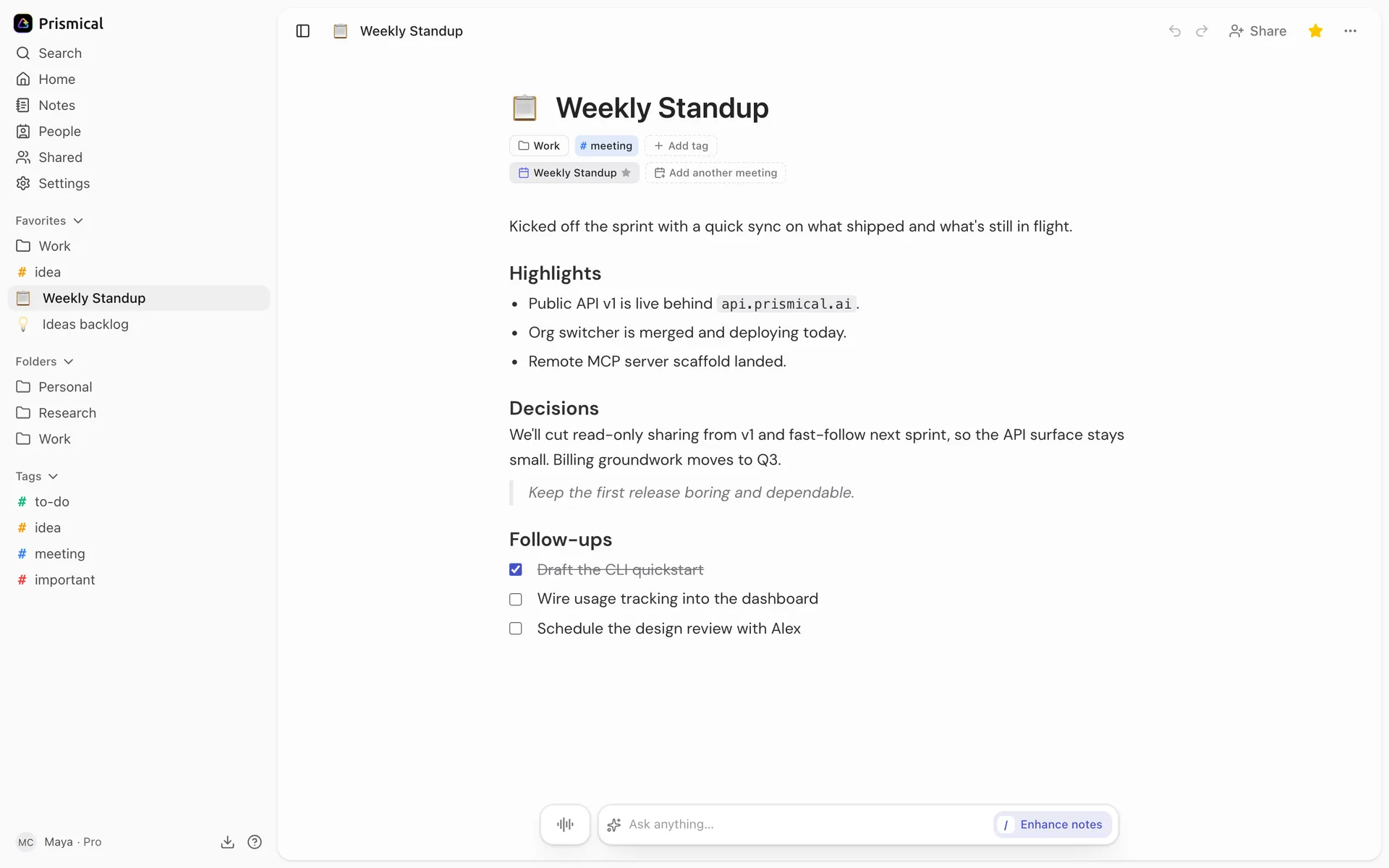 A note in Prismical with the sidebar showing Favorites, Folders and Tags, and the star in the note's header.