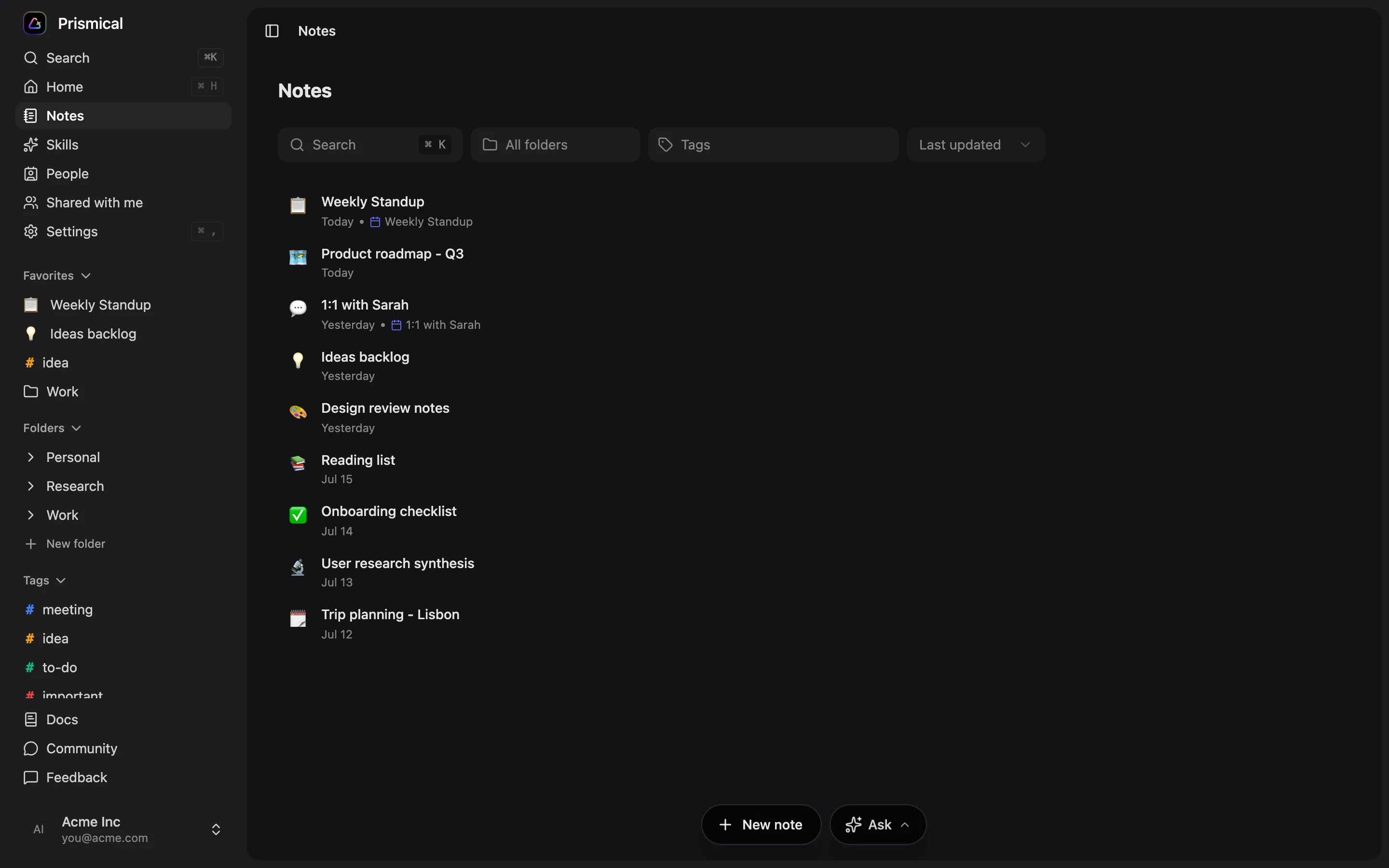 Prismical notes workspace with demonstration project notes